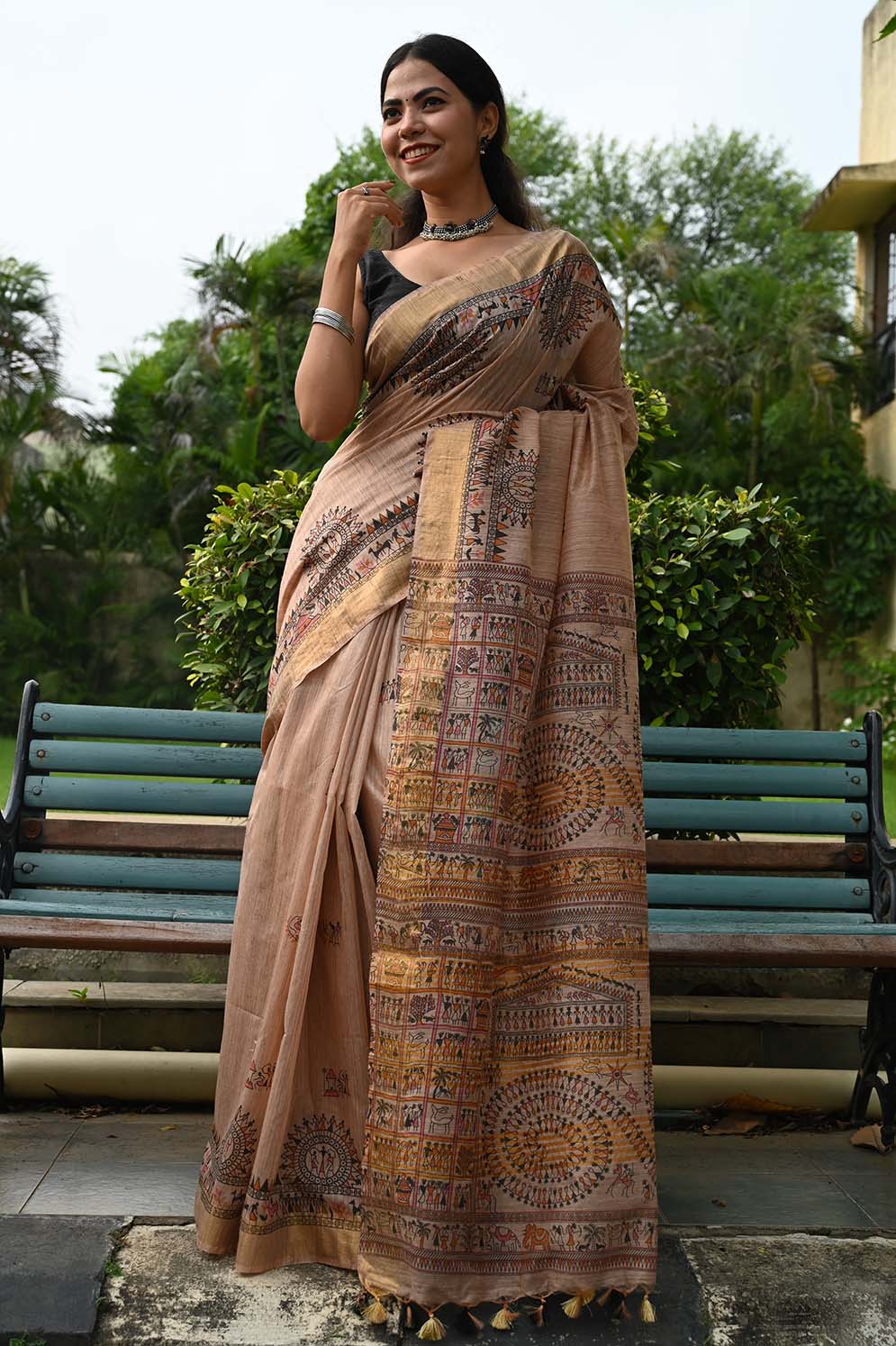 Ready To Wear Beautiful Beige overall Tribal Art Printed With Tassels On Pallu Wrap in 1 minute saree - Isadora Life