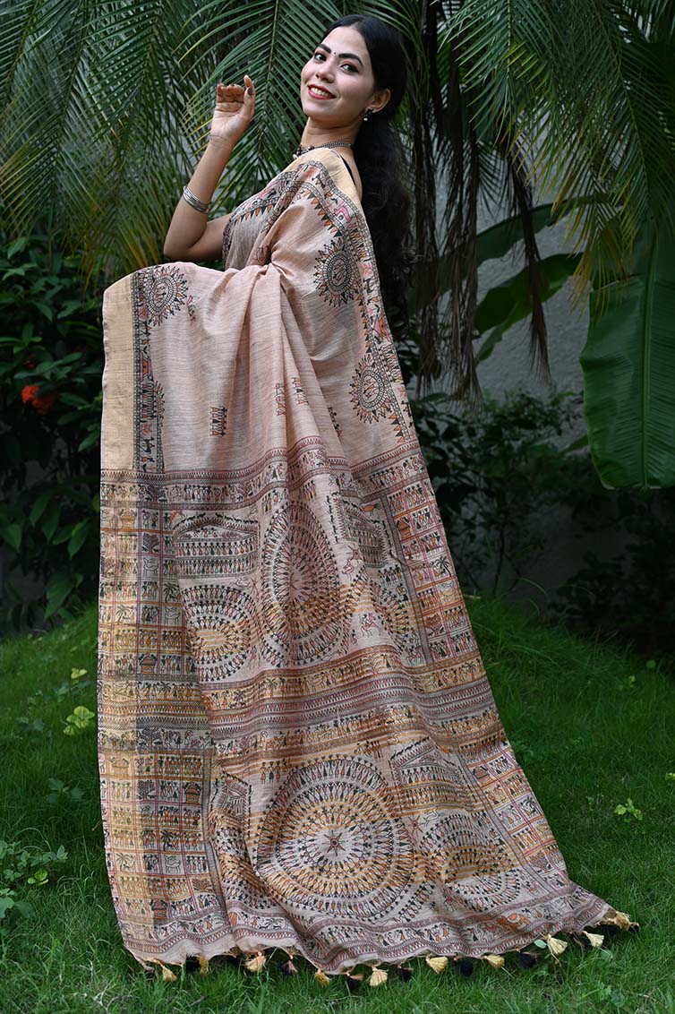Ready To Wear Beautiful Beige overall Tribal Art Printed With Tassels On Pallu Wrap in 1 minute saree - Isadora Life