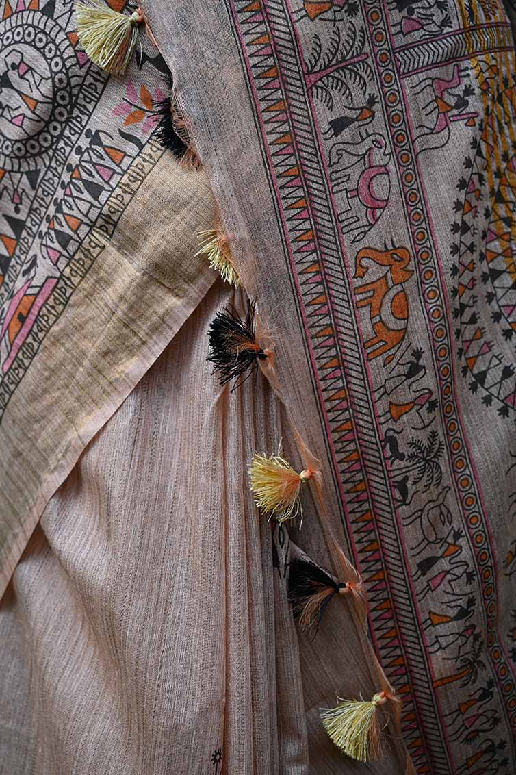 Ready To Wear Beautiful Beige overall Tribal Art Printed With Tassels On Pallu Wrap in 1 minute saree - Isadora Life