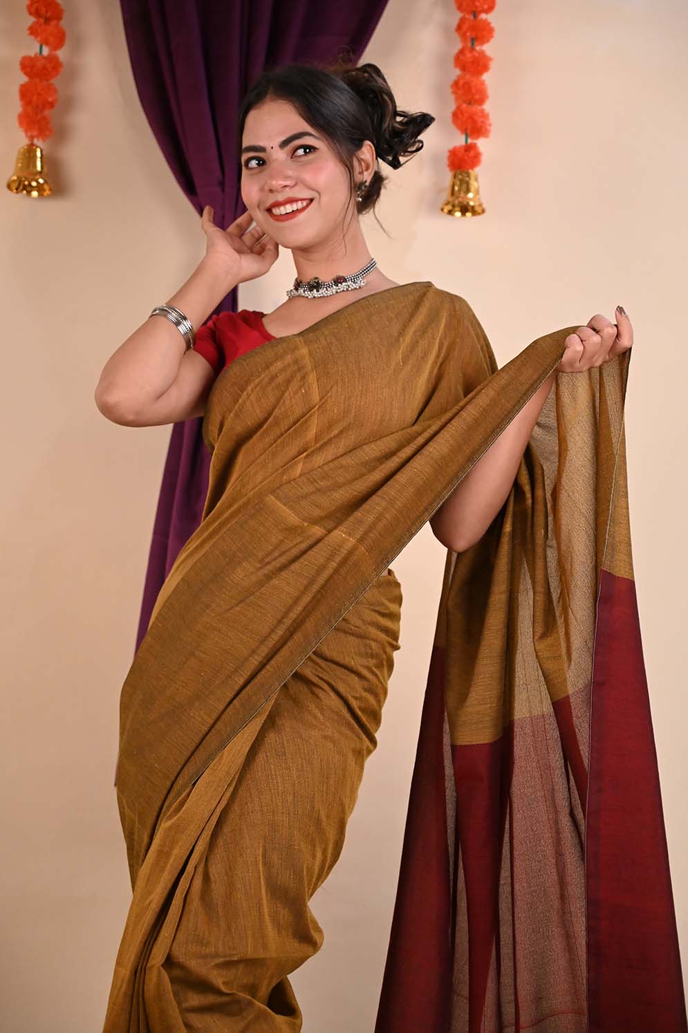 Ready to wear Beautiful Musturd Yellow Khadi Cotton Handloom With Maroon palla & Tassels on Pallu Wrap in 1 minute Saree - Isadora Life