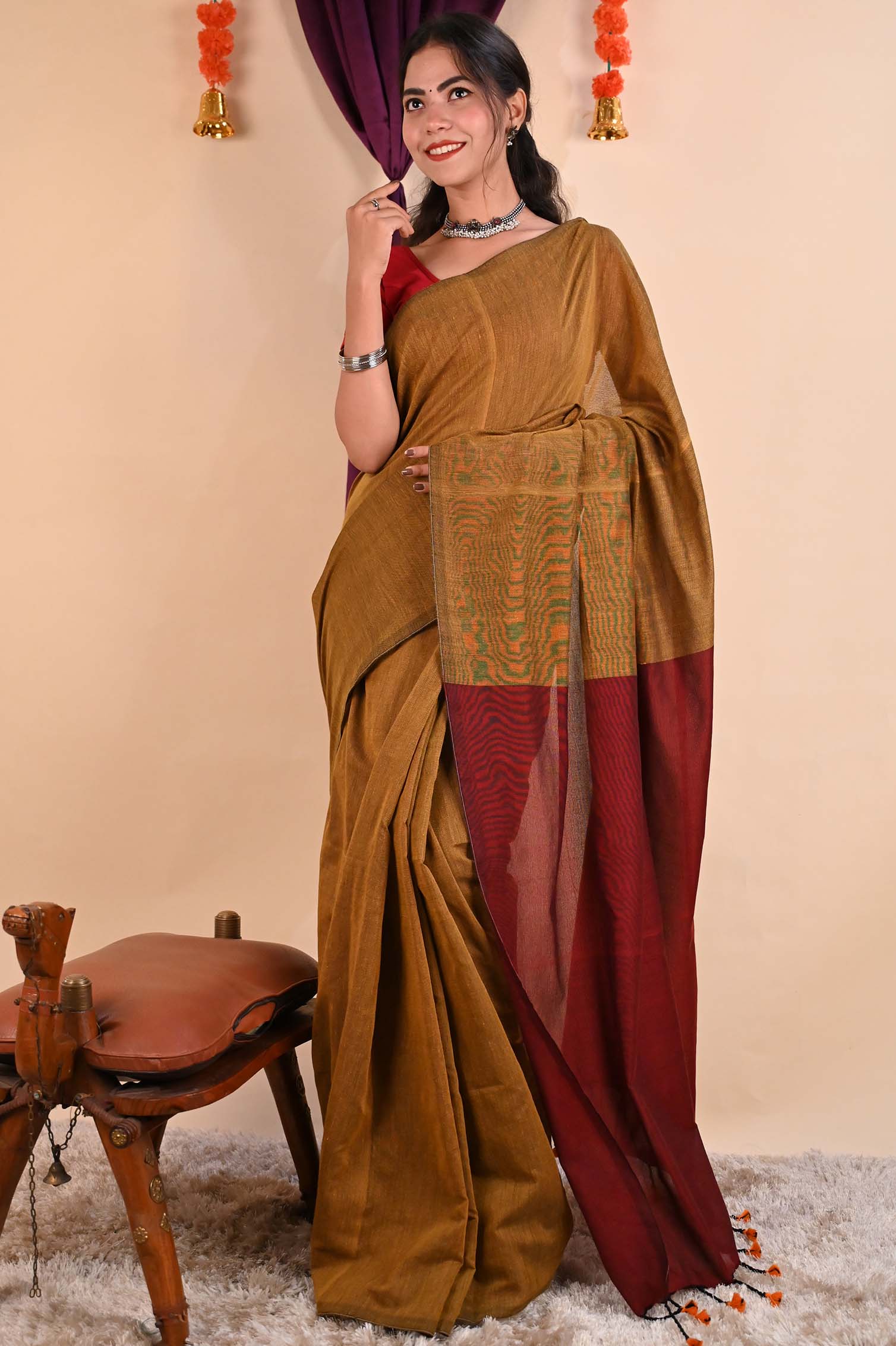 Ready to wear Beautiful Musturd Yellow Khadi Cotton Handloom With Maroon palla & Tassels on Pallu Wrap in 1 minute Saree - Isadora Life