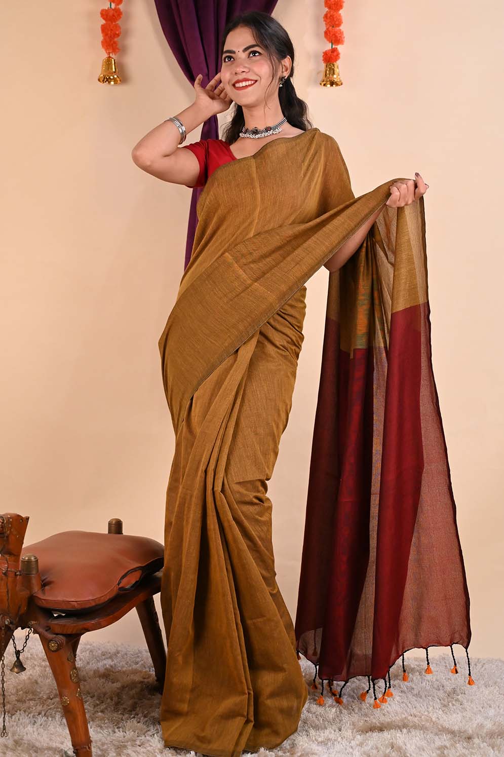 Ready to wear Beautiful Musturd Yellow Khadi Cotton Handloom With Maroon palla & Tassels on Pallu Wrap in 1 minute Saree - Isadora Life