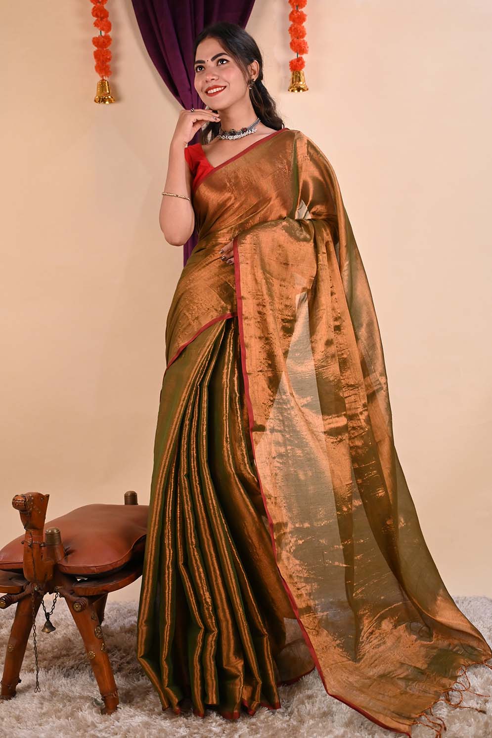 Ready To Wear Premium Organza Tissue With Tassels Dhoop Chaanv Copper Gold On Pallu Wrap in 1 minute saree - Isadora Life