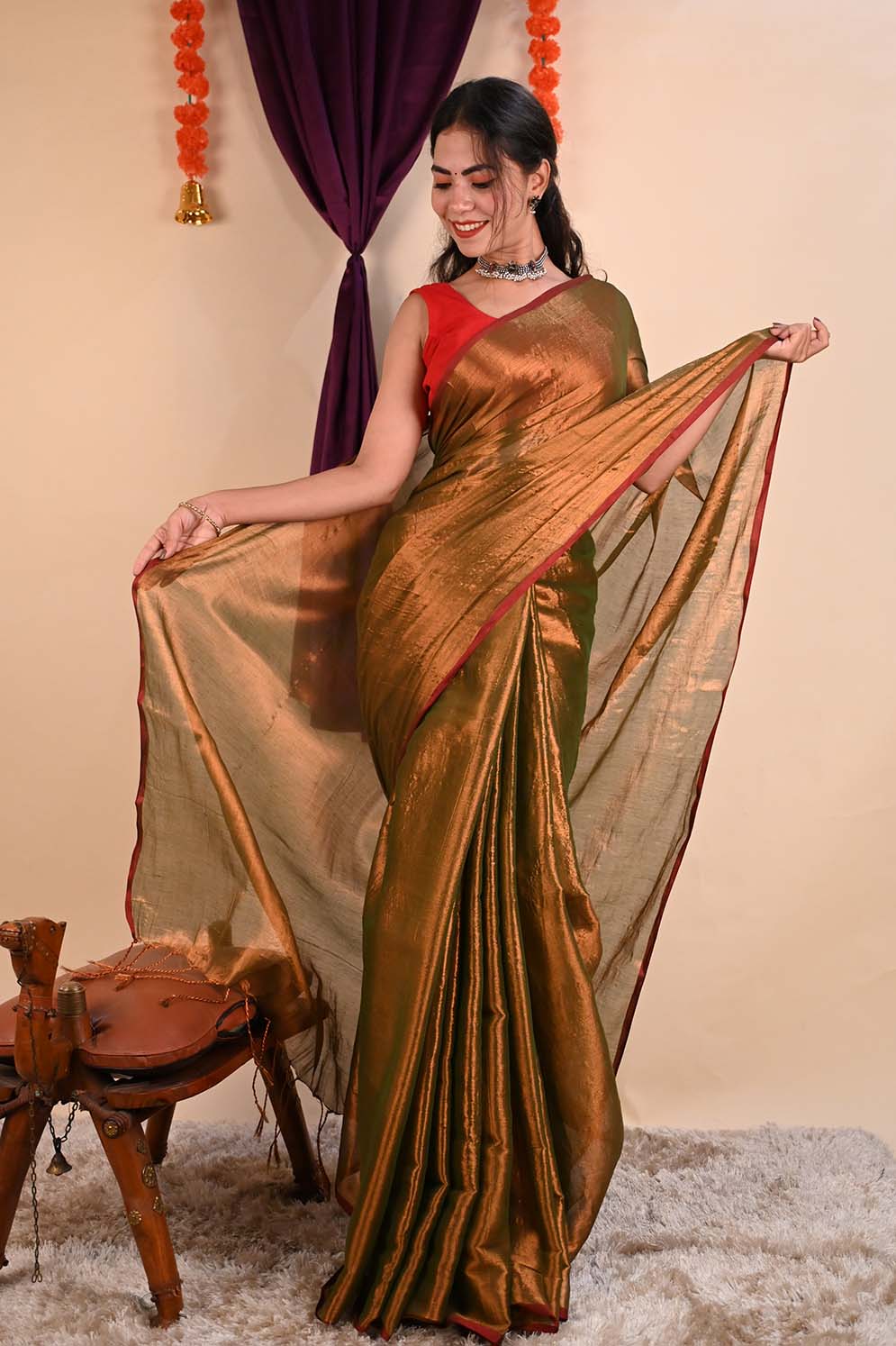 Ready To Wear Premium Organza Tissue With Tassels Dhoop Chaanv Copper Gold On Pallu Wrap in 1 minute saree - Isadora Life