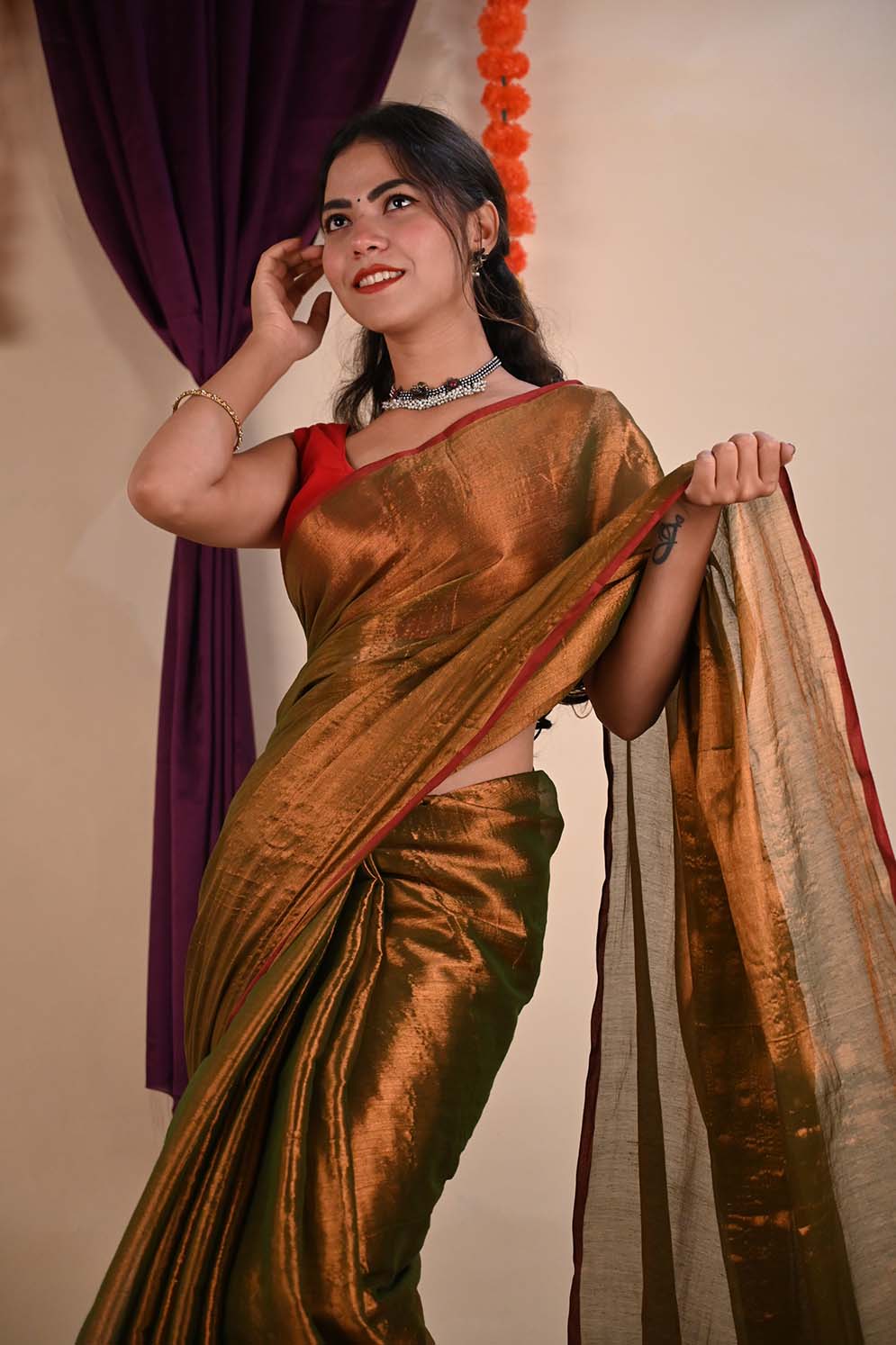 Ready To Wear Premium Organza Tissue With Tassels Dhoop Chaanv Copper Gold On Pallu Wrap in 1 minute saree - Isadora Life