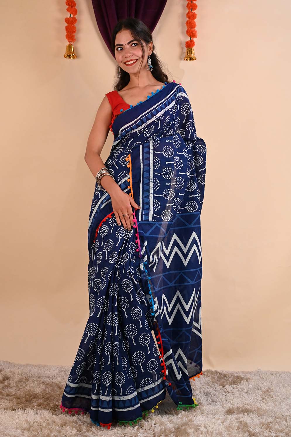 Ready to wear Glorious Indigo Over All Block Printed Mul Mul Cotton With Multicolor Pom Pom Border Wrap in 1 minute Saree - Isadora Life