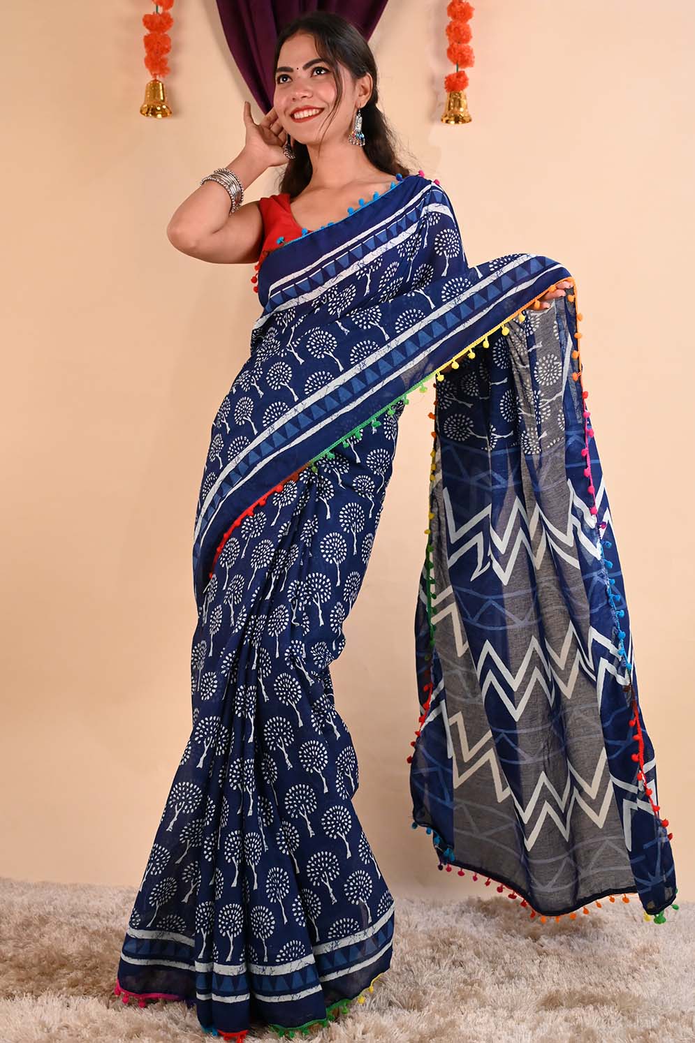 Ready to wear Glorious Indigo Over All Block Printed Mul Mul Cotton With Multicolor Pom Pom Border Wrap in 1 minute Saree - Isadora Life