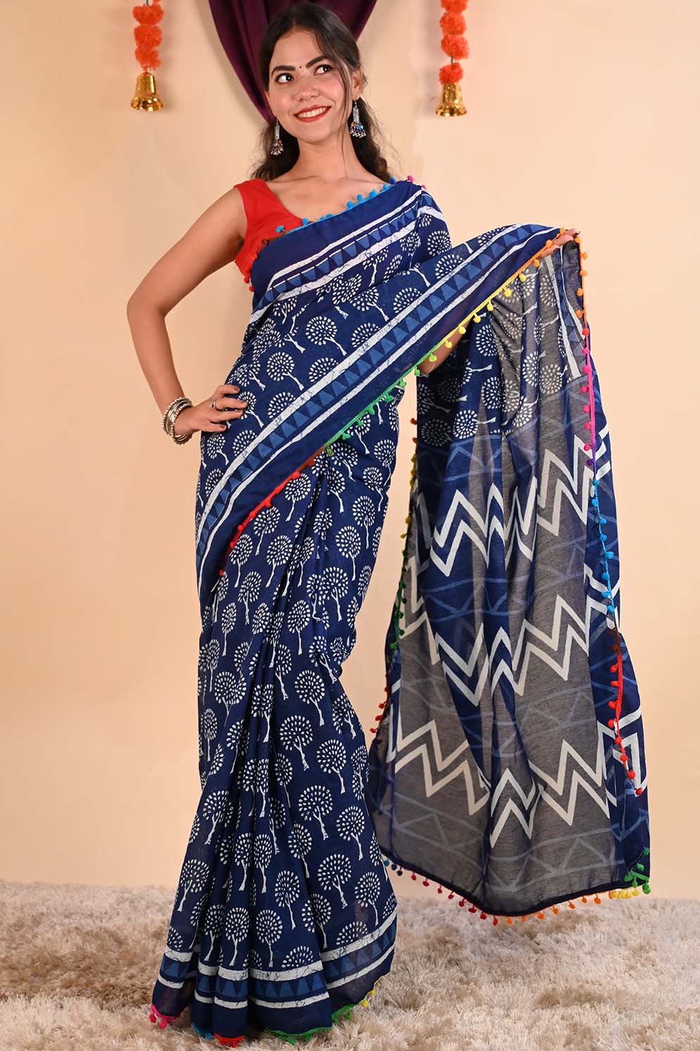 Ready to wear Glorious Indigo Over All Block Printed Mul Mul Cotton With Multicolor Pom Pom Border Wrap in 1 minute Saree - Isadora Life