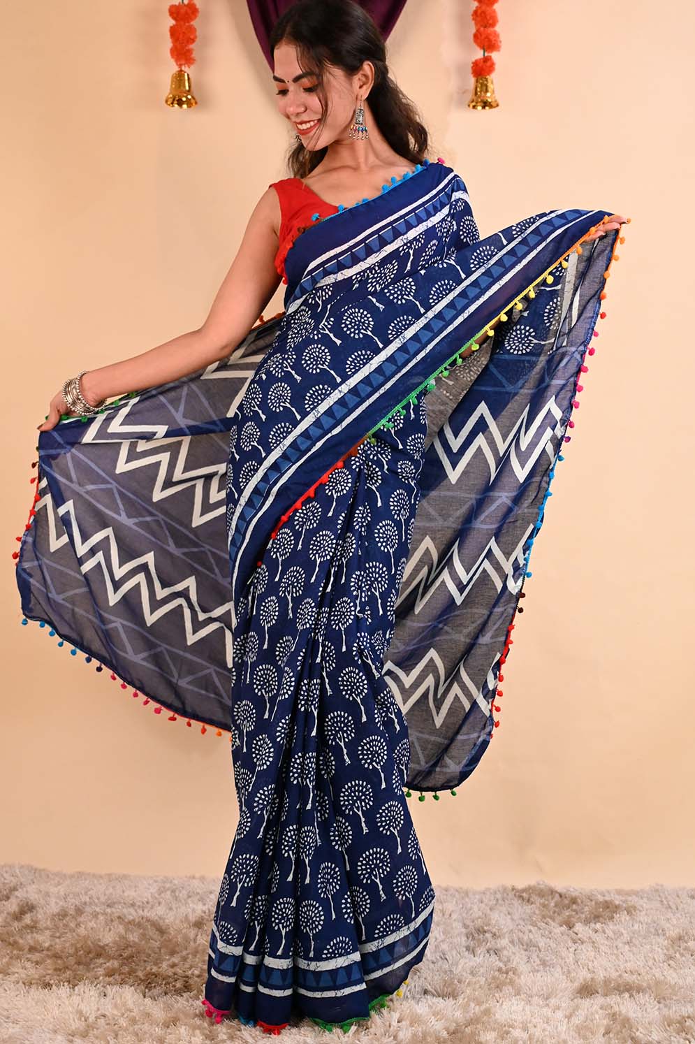 Ready to wear Glorious Indigo Over All Block Printed Mul Mul Cotton With Multicolor Pom Pom Border Wrap in 1 minute Saree - Isadora Life