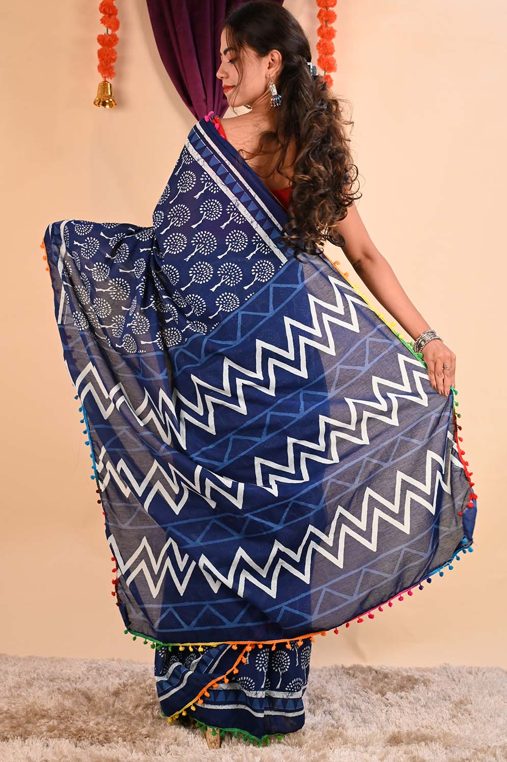 Ready to wear Glorious Indigo Over All Block Printed Mul Mul Cotton With Multicolor Pom Pom Border Wrap in 1 minute Saree - Isadora Life