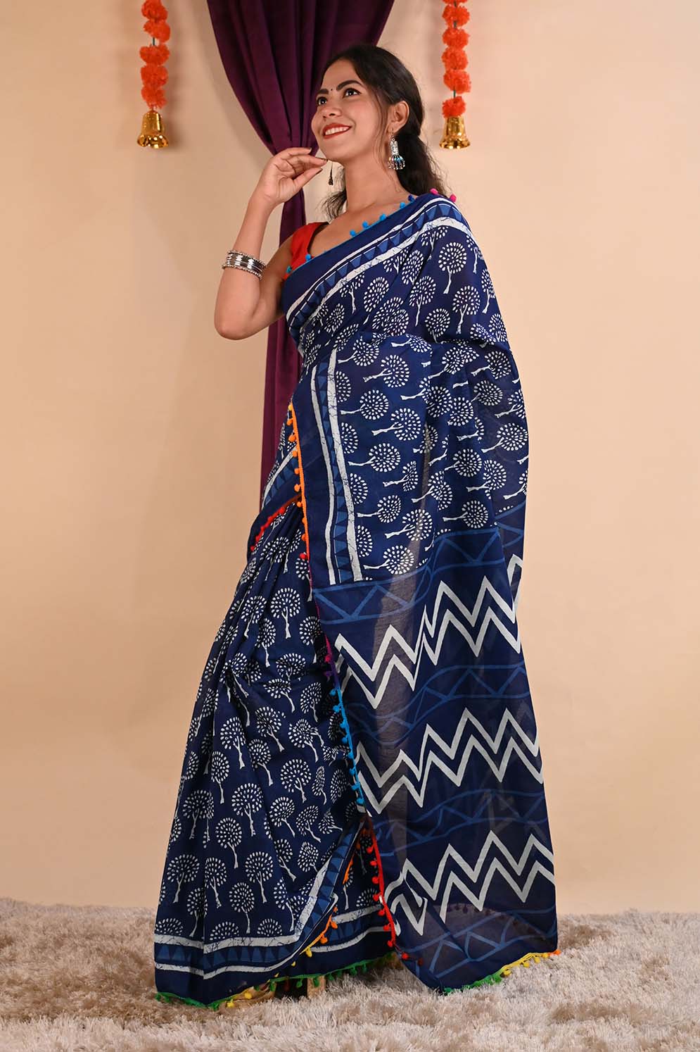 Ready to wear Glorious Indigo Over All Block Printed Mul Mul Cotton With Multicolor Pom Pom Border Wrap in 1 minute Saree - Isadora Life
