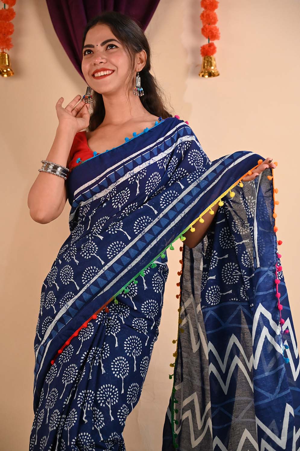 Ready to wear Glorious Indigo Over All Block Printed Mul Mul Cotton With Multicolor Pom Pom Border Wrap in 1 minute Saree - Isadora Life