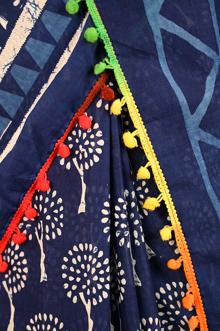 Ready to wear Glorious Indigo Over All Block Printed Mul Mul Cotton With Multicolor Pom Pom Border Wrap in 1 minute Saree - Isadora Life