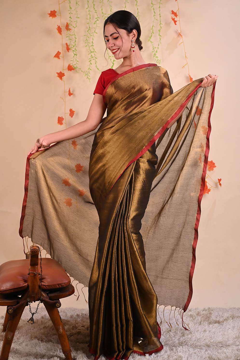 Ready To Wear Premium Organza Tissue With Tassels Dhoop Chaanv On Pallu Wrap in 1 minute saree - Isadora Life