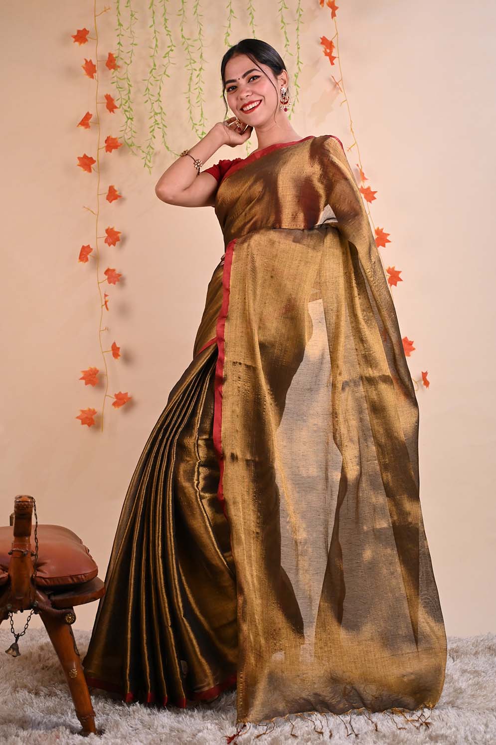 Ready To Wear Premium Organza Tissue With Tassels Dhoop Chaanv On Pallu Wrap in 1 minute saree - Isadora Life