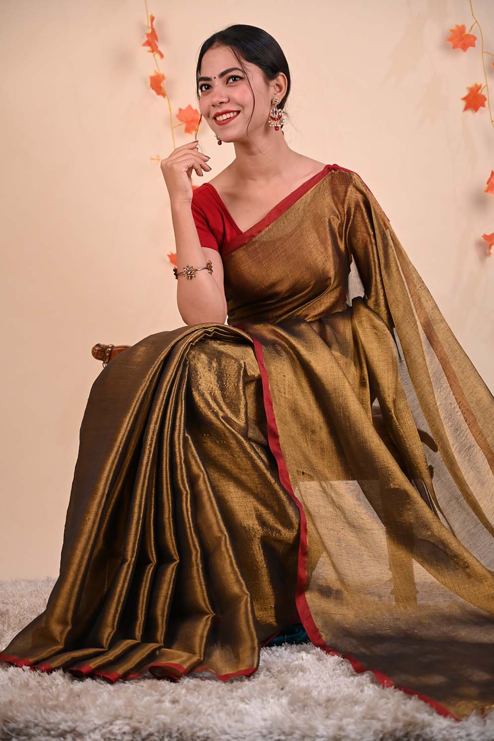 Ready To Wear Premium Organza Tissue With Tassels Dhoop Chaanv On Pallu Wrap in 1 minute saree - Isadora Life
