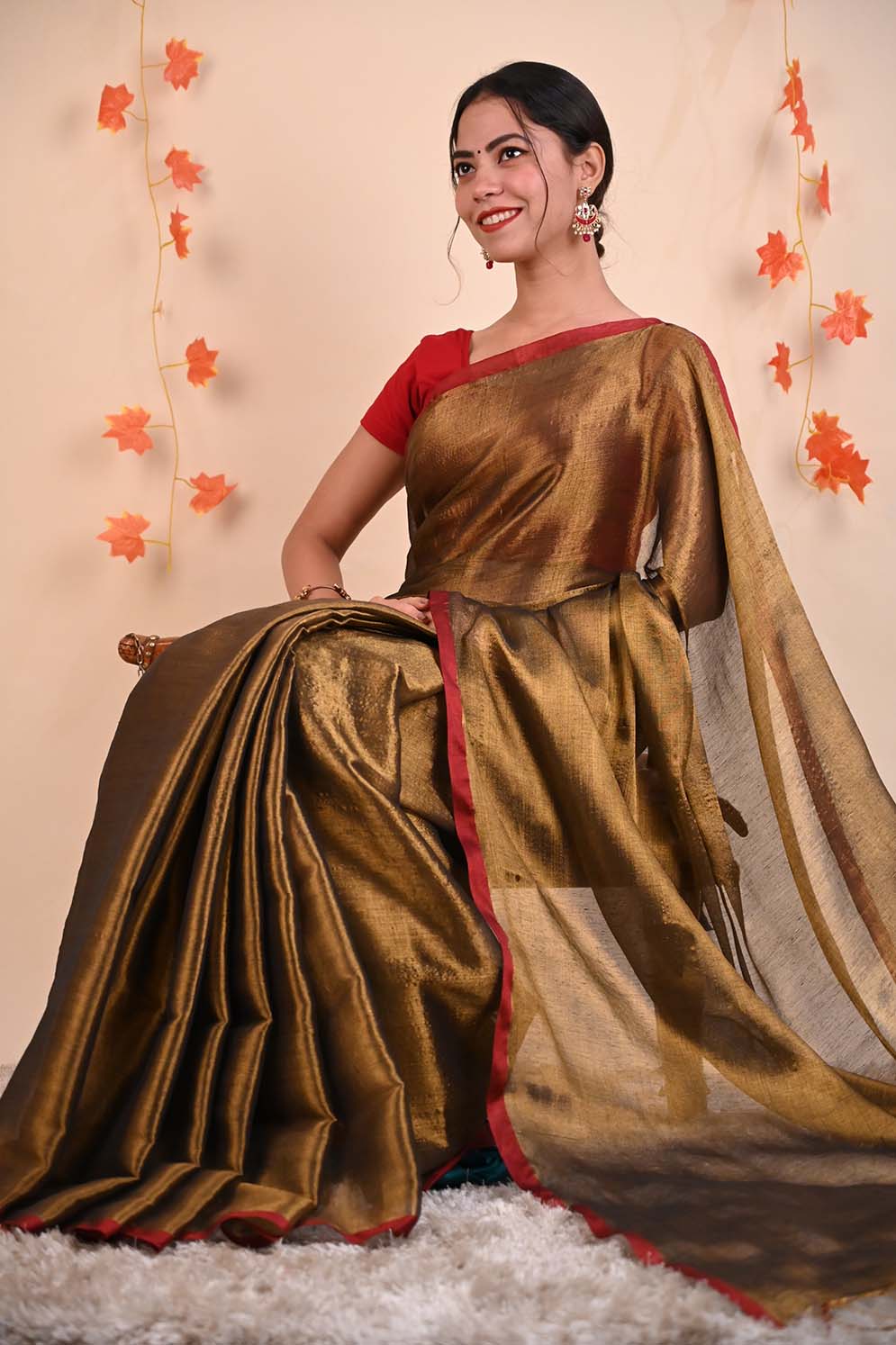 Ready To Wear Premium Organza Tissue With Tassels Dhoop Chaanv On Pallu Wrap in 1 minute saree - Isadora Life