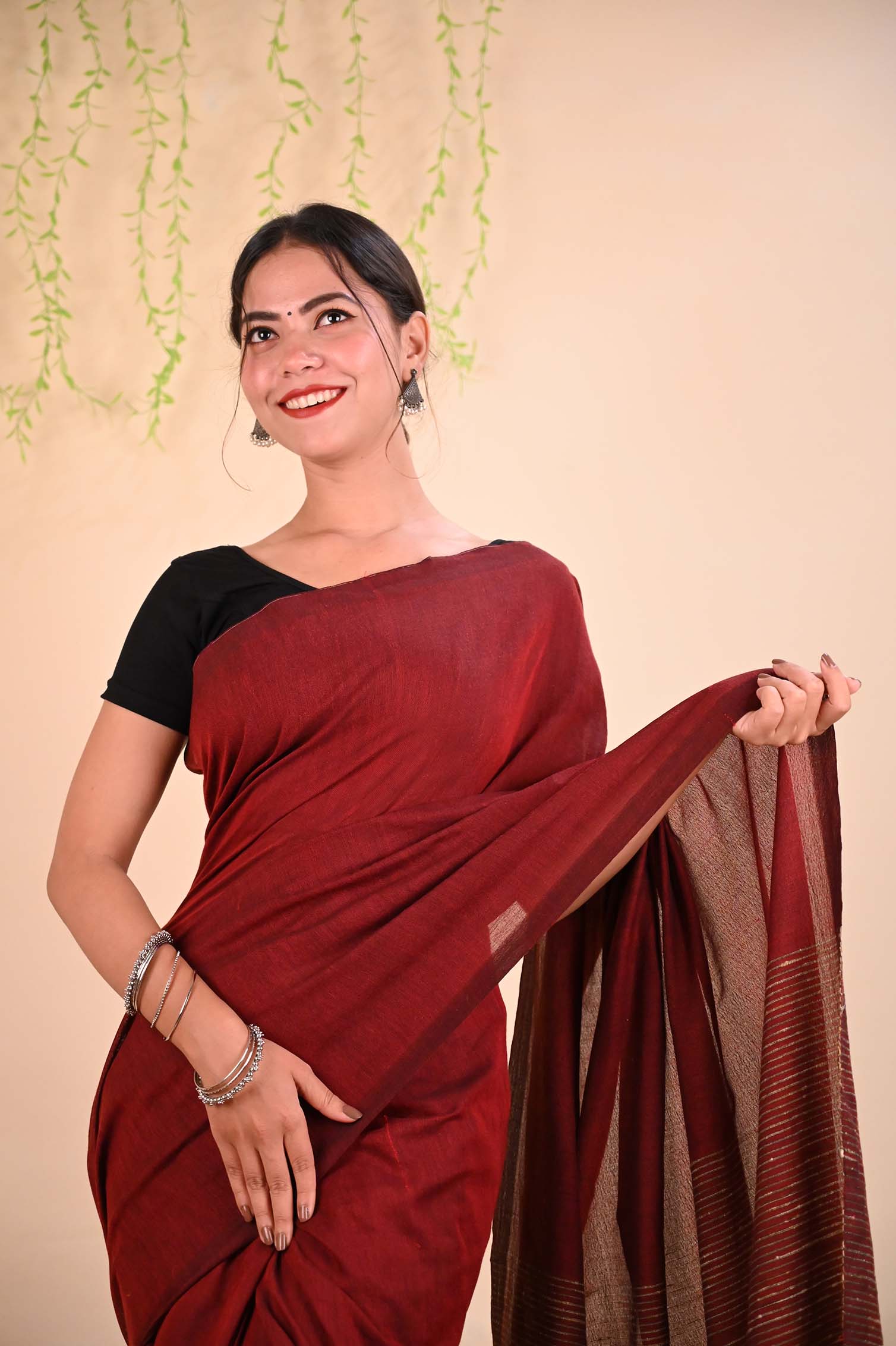 Ready to wear Beautiful Maroon Khadi With Stripes on Pallu Wrap in 1 minute Saree - Isadora Life