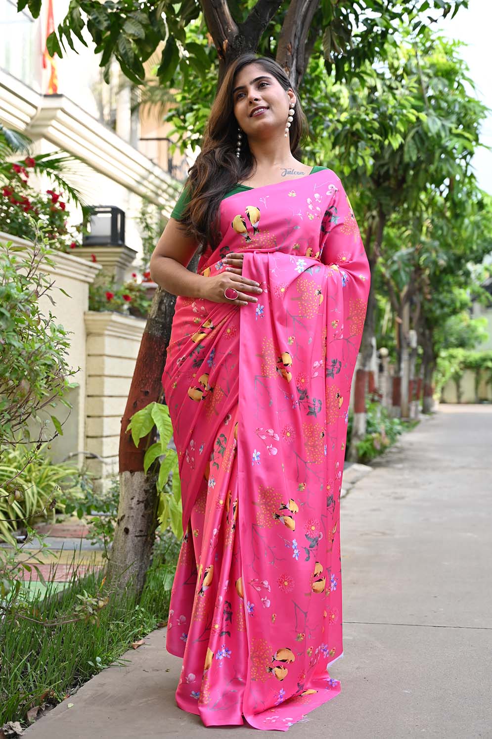 Ready To Wear Floss Japan Satin pink Floral Printed Wrap in 1 minute saree - Isadora Life