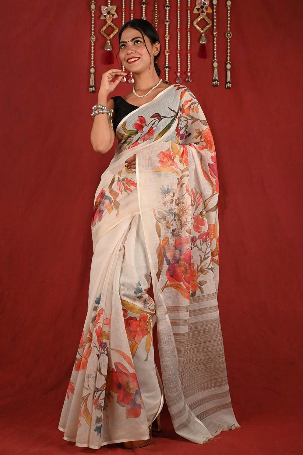 Ready To Wear Cotton Linen With Gorgeous Floral Digital Printed Wrap in 1 minute saree - Isadora Life