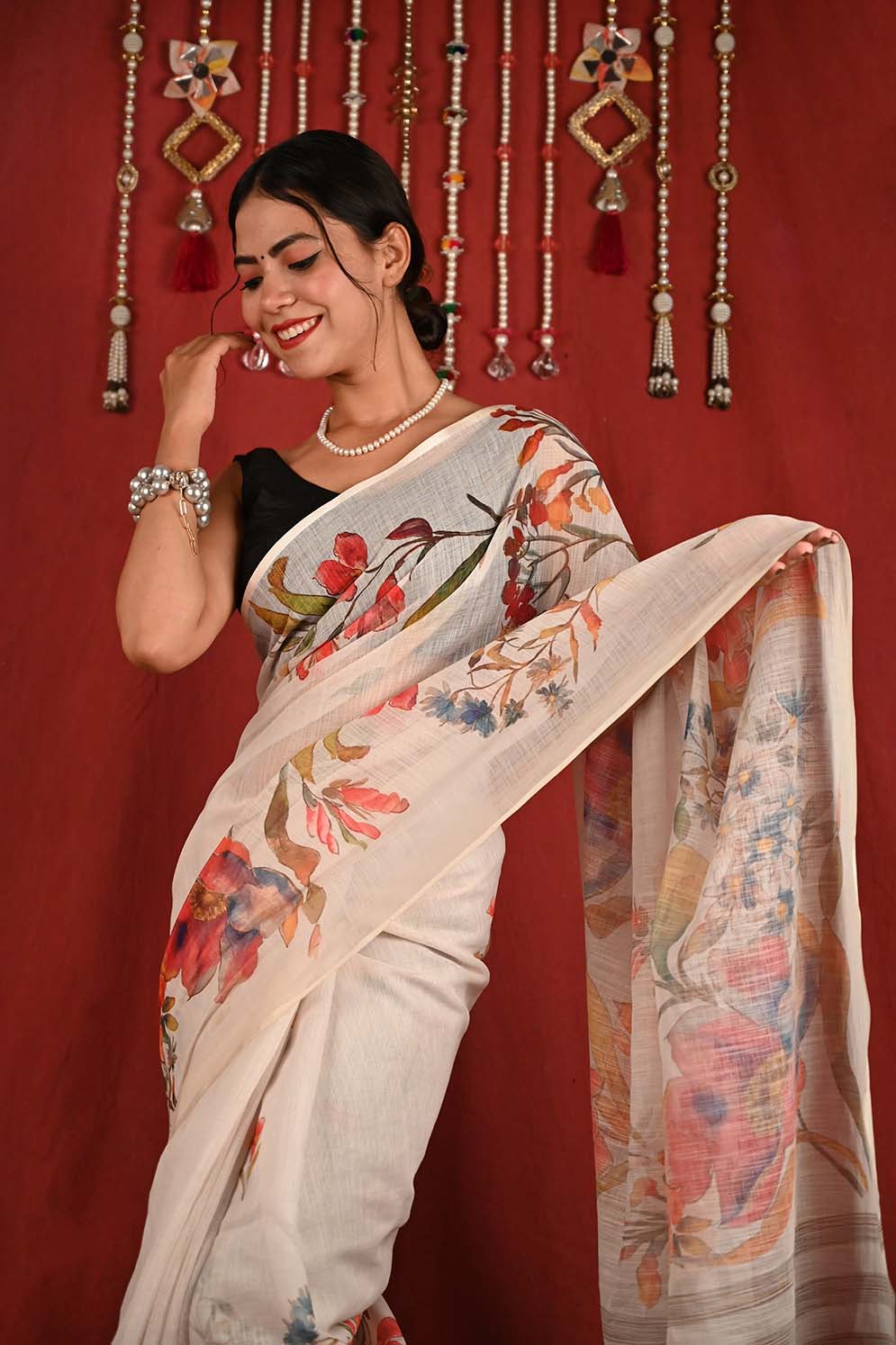 Ready To Wear Cotton Linen With Gorgeous Floral Digital Printed Wrap in 1 minute saree - Isadora Life