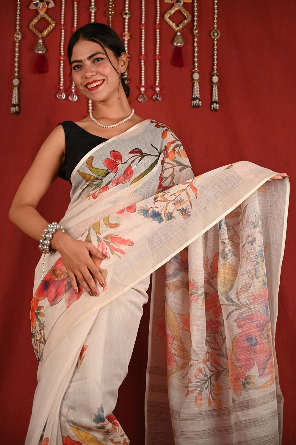Ready To Wear Cotton Linen With Gorgeous Floral Digital Printed Wrap in 1 minute saree - Isadora Life