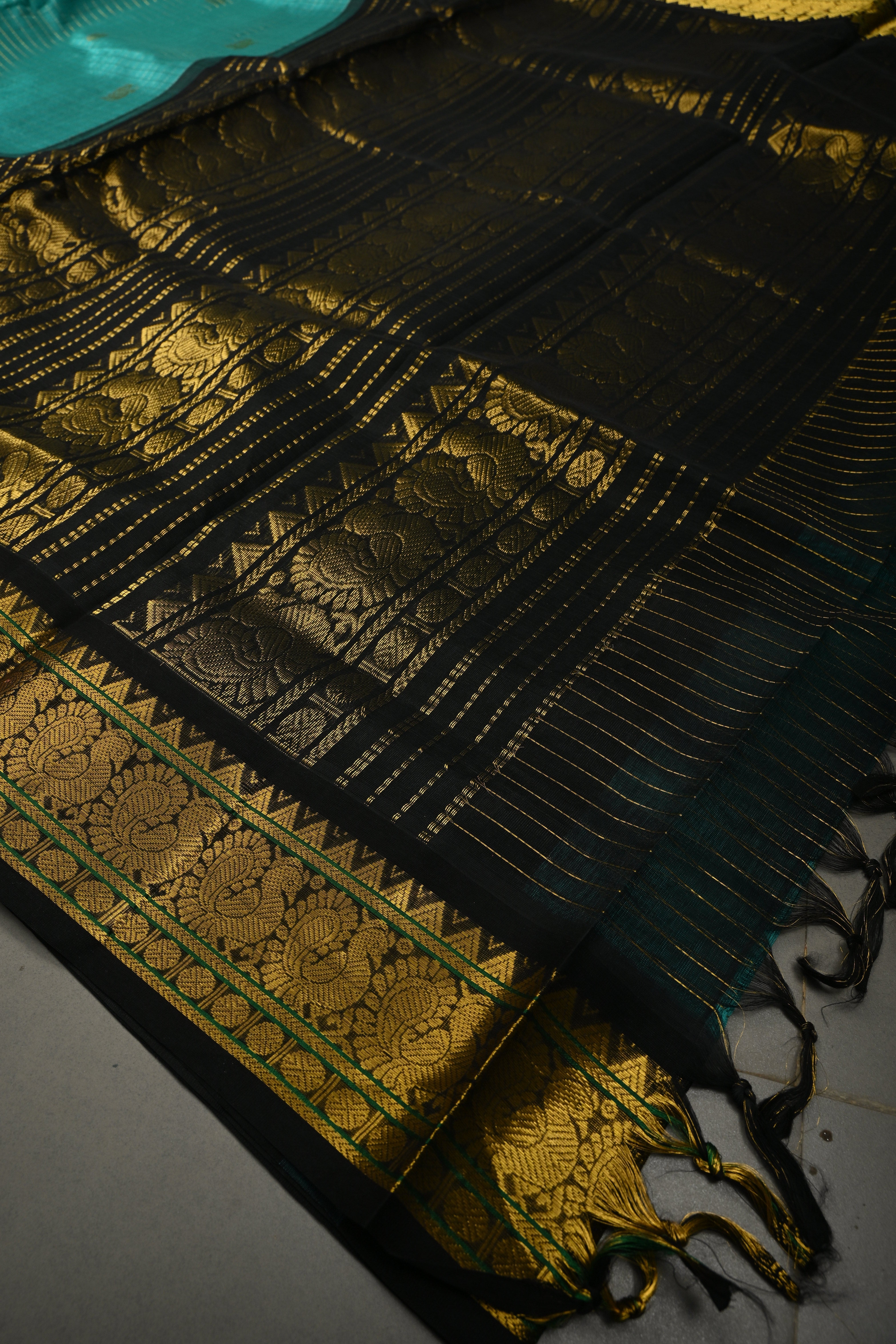 Ananda Blue Zari Checks on Kanchi Silk Cotton Saree with Peacock Buttas and Contrast Zari Border | Shobitam