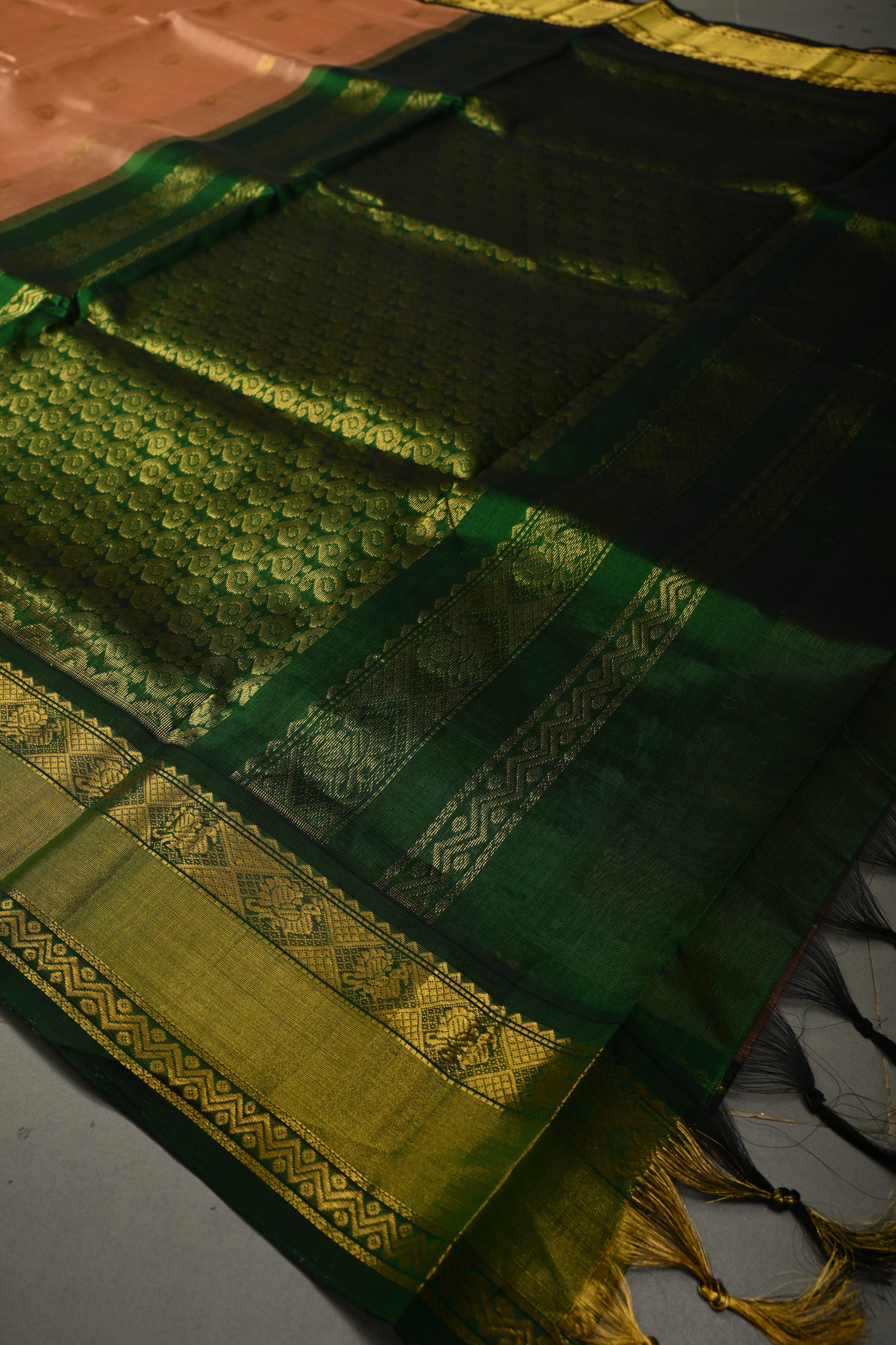 Peach Pink on Kanchi Silk Cotton Saree with Peacock Buttas and Contrast Zari Border | Shobitam