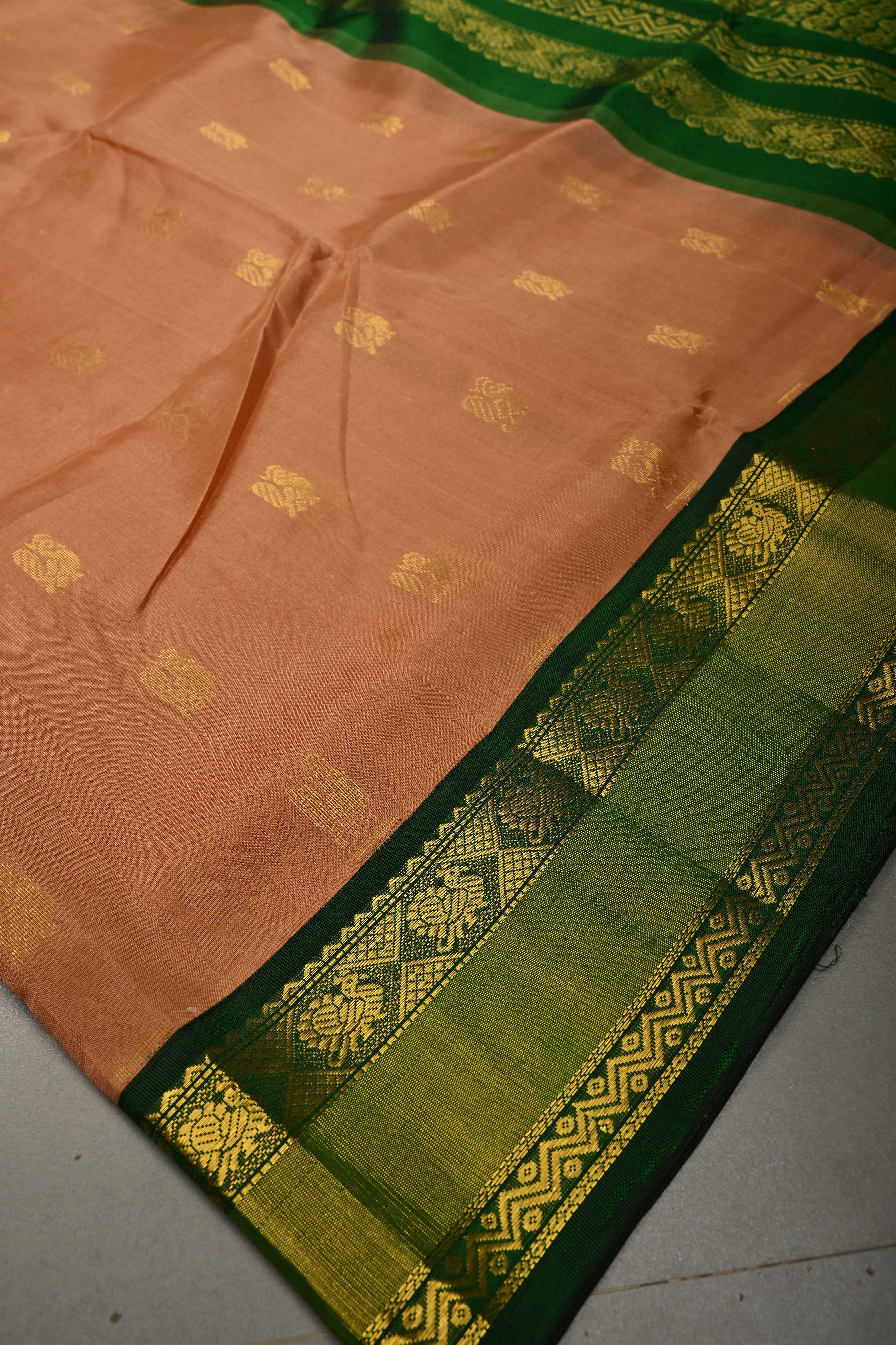 Peach Pink on Kanchi Silk Cotton Saree with Peacock Buttas and Contrast Zari Border | Shobitam