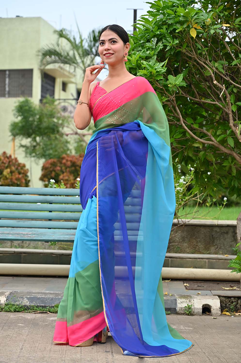 Ready To Wear Alia Bhatt Inspired Rocky Rani Multi Coloured Saree With Lace Wrap in 1 minute saree - Isadora Life
