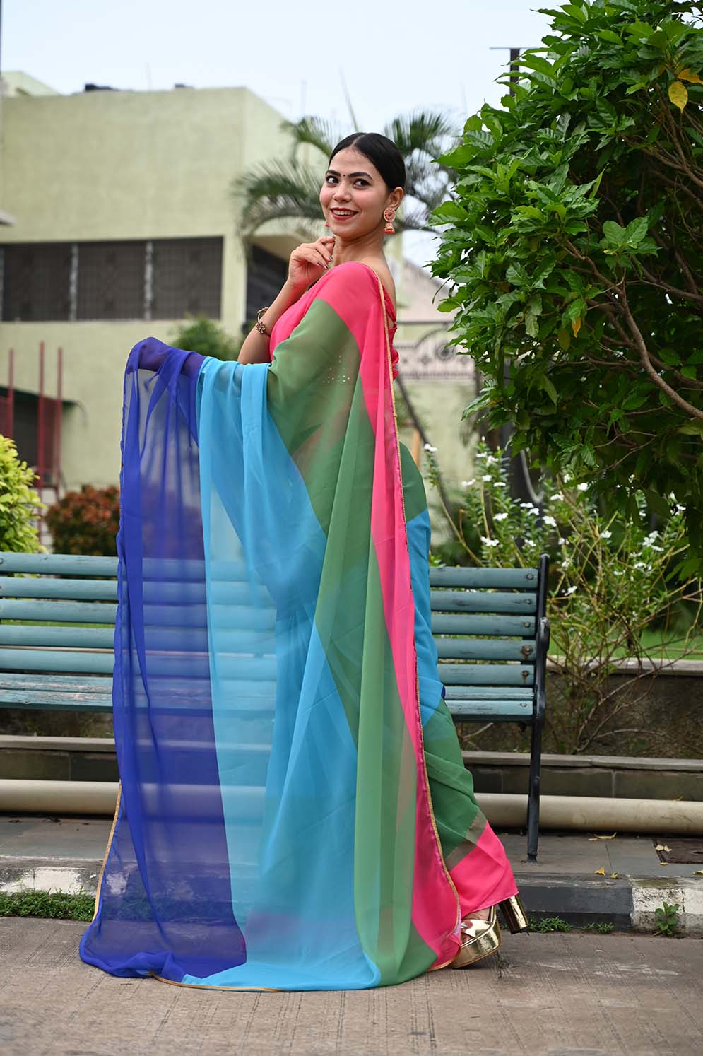 Ready To Wear Alia Bhatt Inspired Rocky Rani Multi Coloured Saree With Lace Wrap in 1 minute saree - Isadora Life