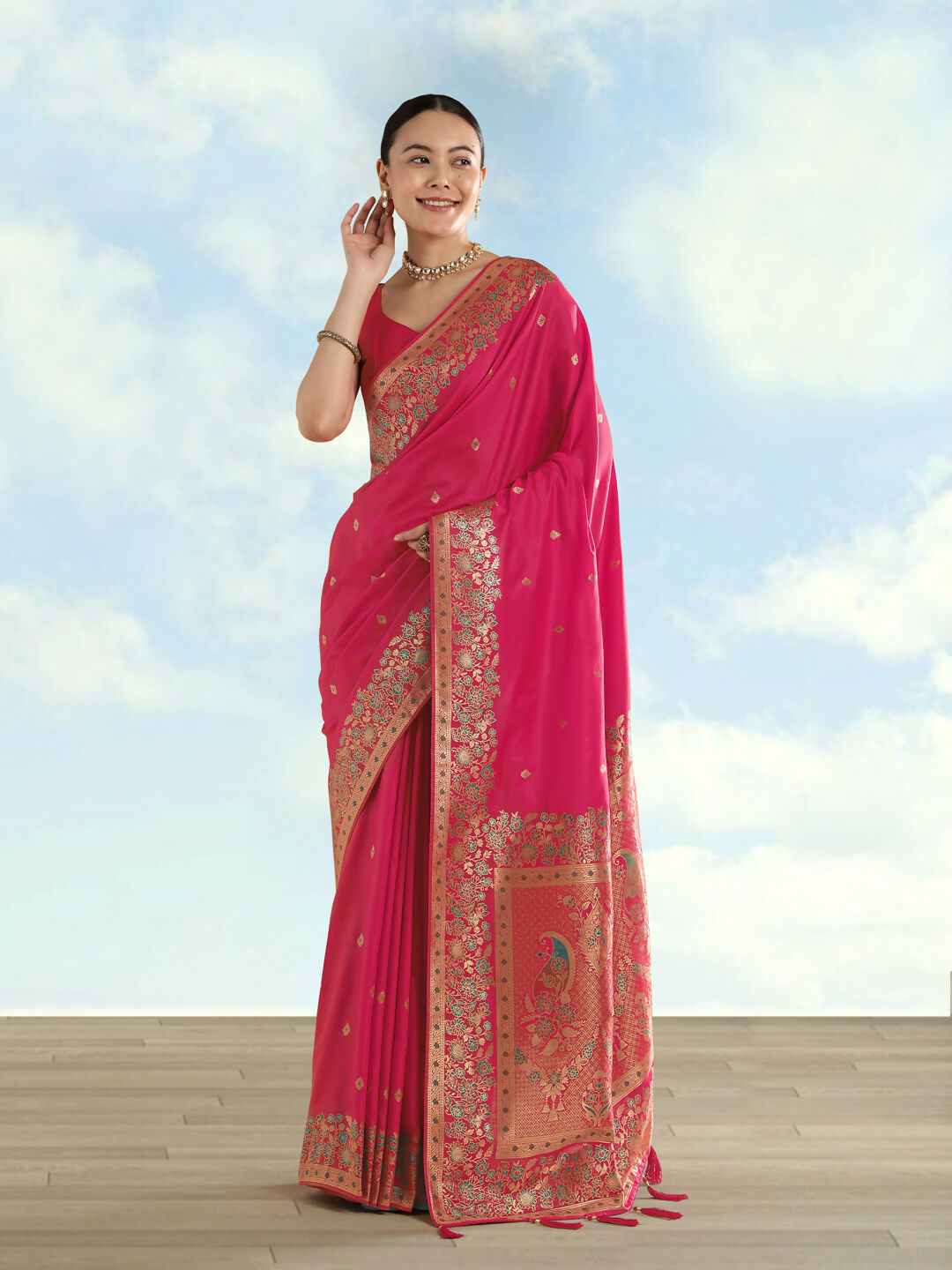 Rani Pink Semi Banarasi Satin silk Saree With Zari Border And Butti Work | Shobitam