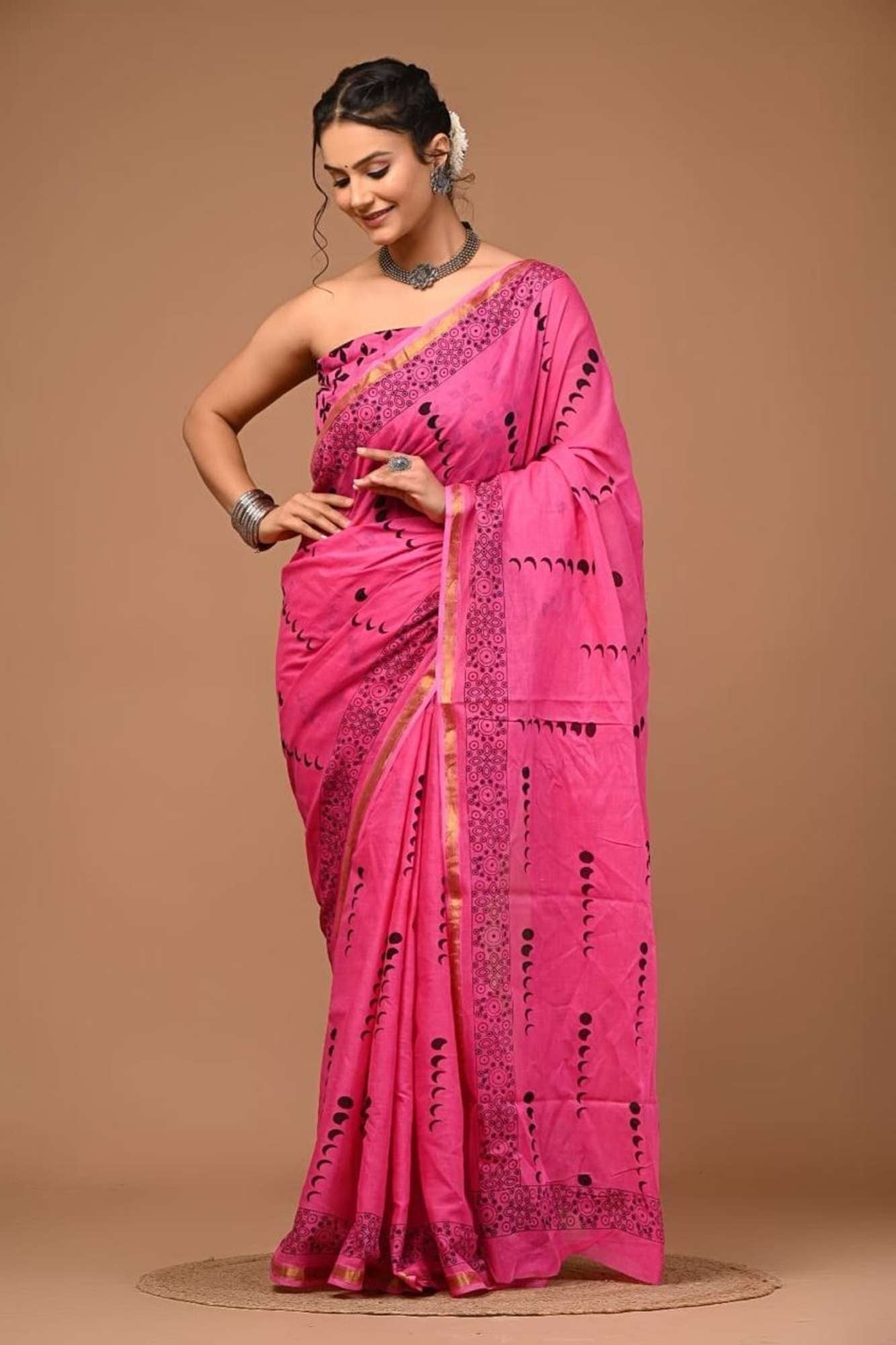Cotton Pink Jaipuri Printed with Black Block Prints and Zari Border Ready To Wear