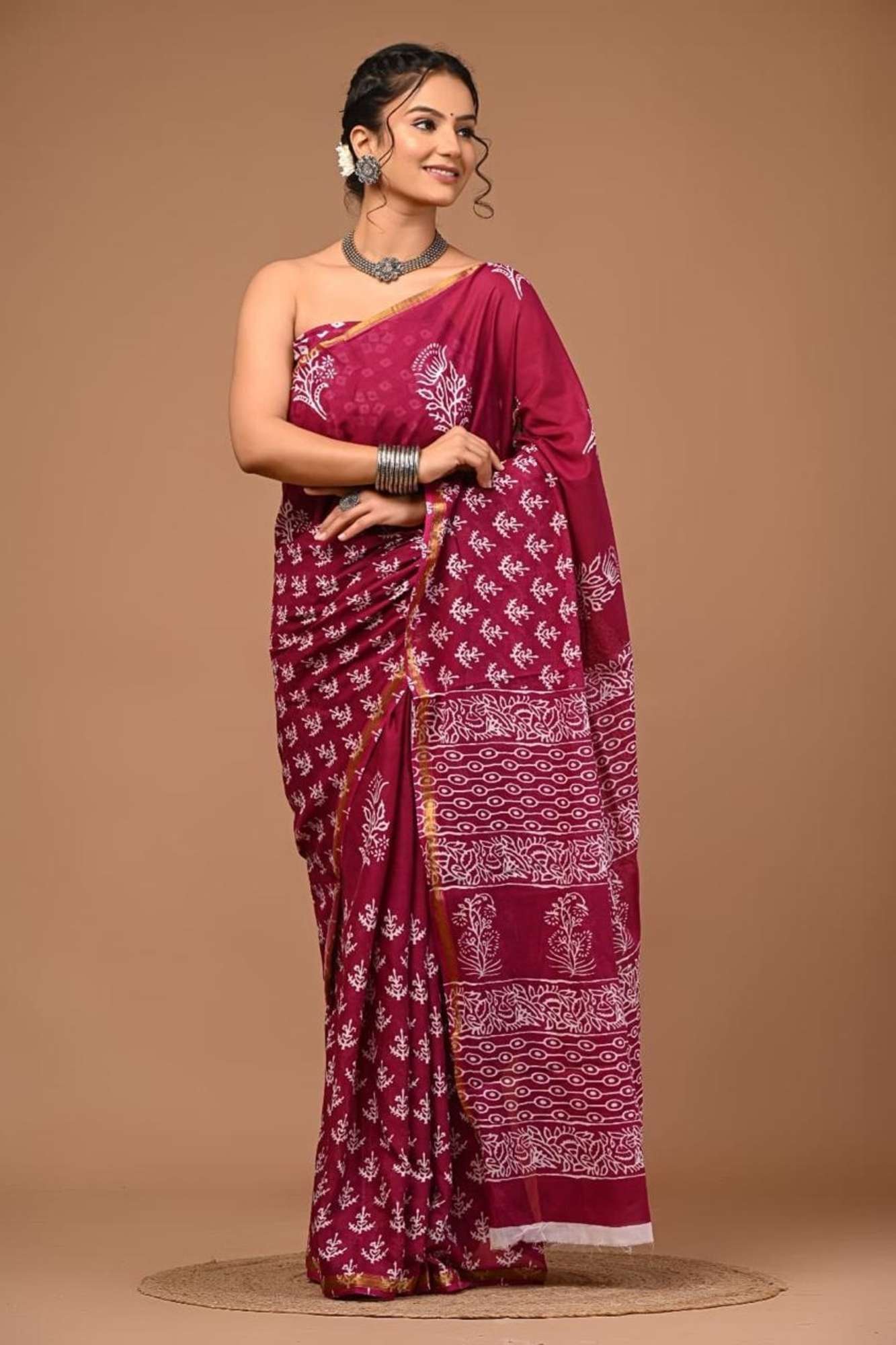 Cotton Maroon Block-Printed with White Motifs and Zari Border Ready To Wear Saree