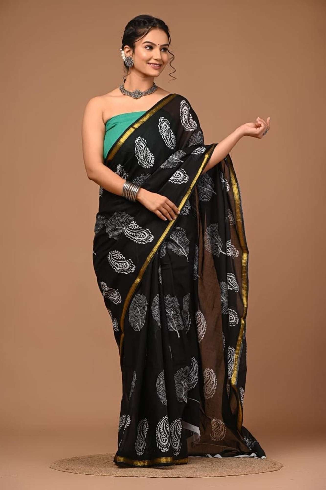Cotton Black with White Paisley Print and Gold Zari Border Ready To Wear Saree