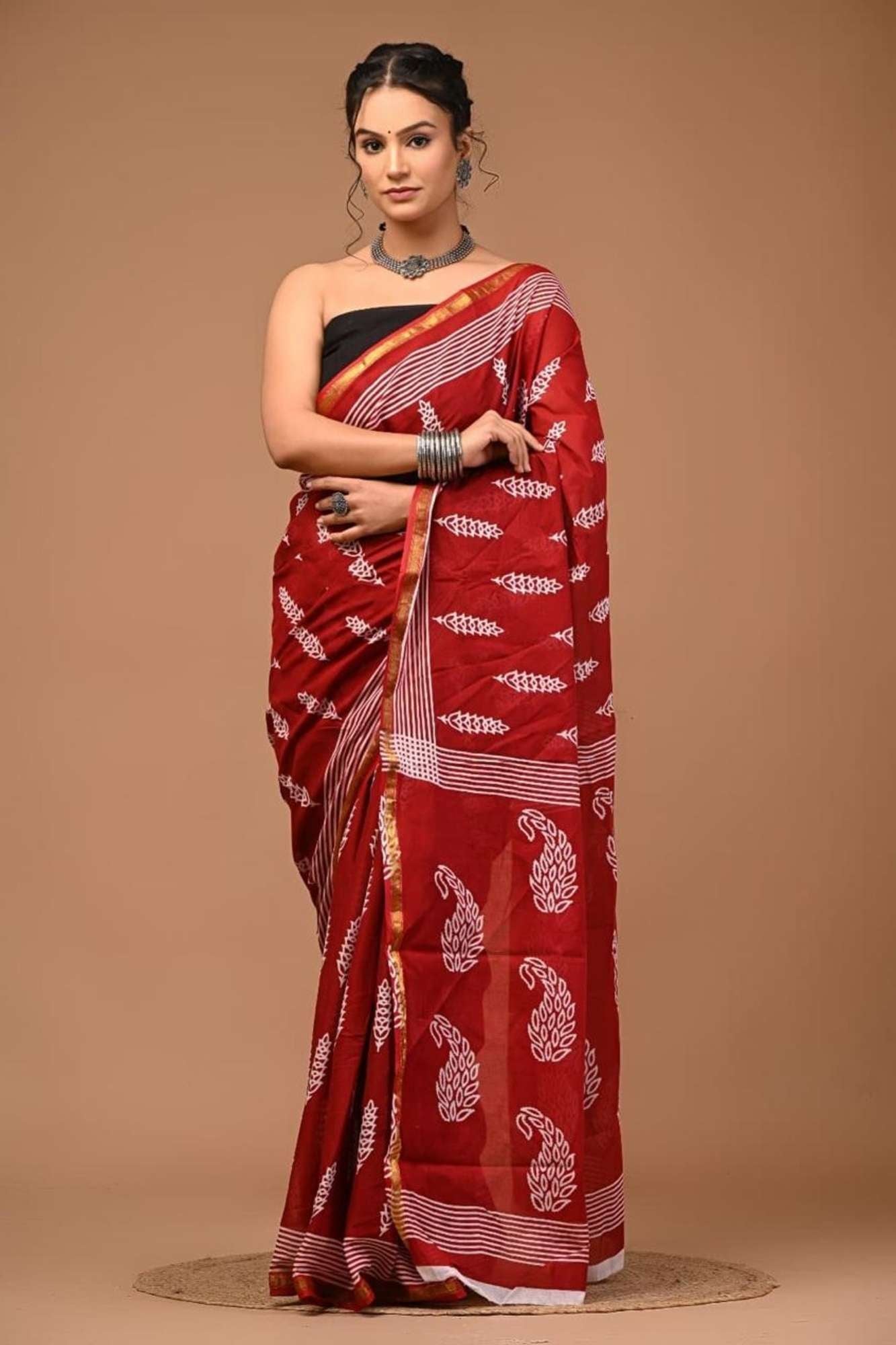 Cotton Maroon & White Block-Printed with Paisley and Striped Motifs Ready To Wear Saree