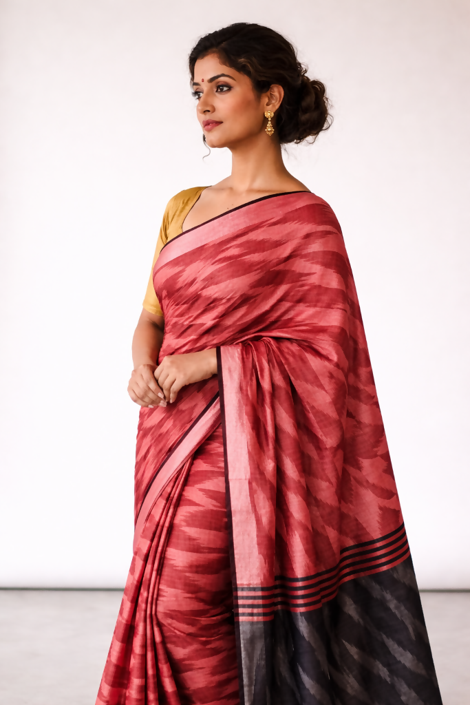Coral Red & Charcoal Black Ikat Saree | SHOBITAM