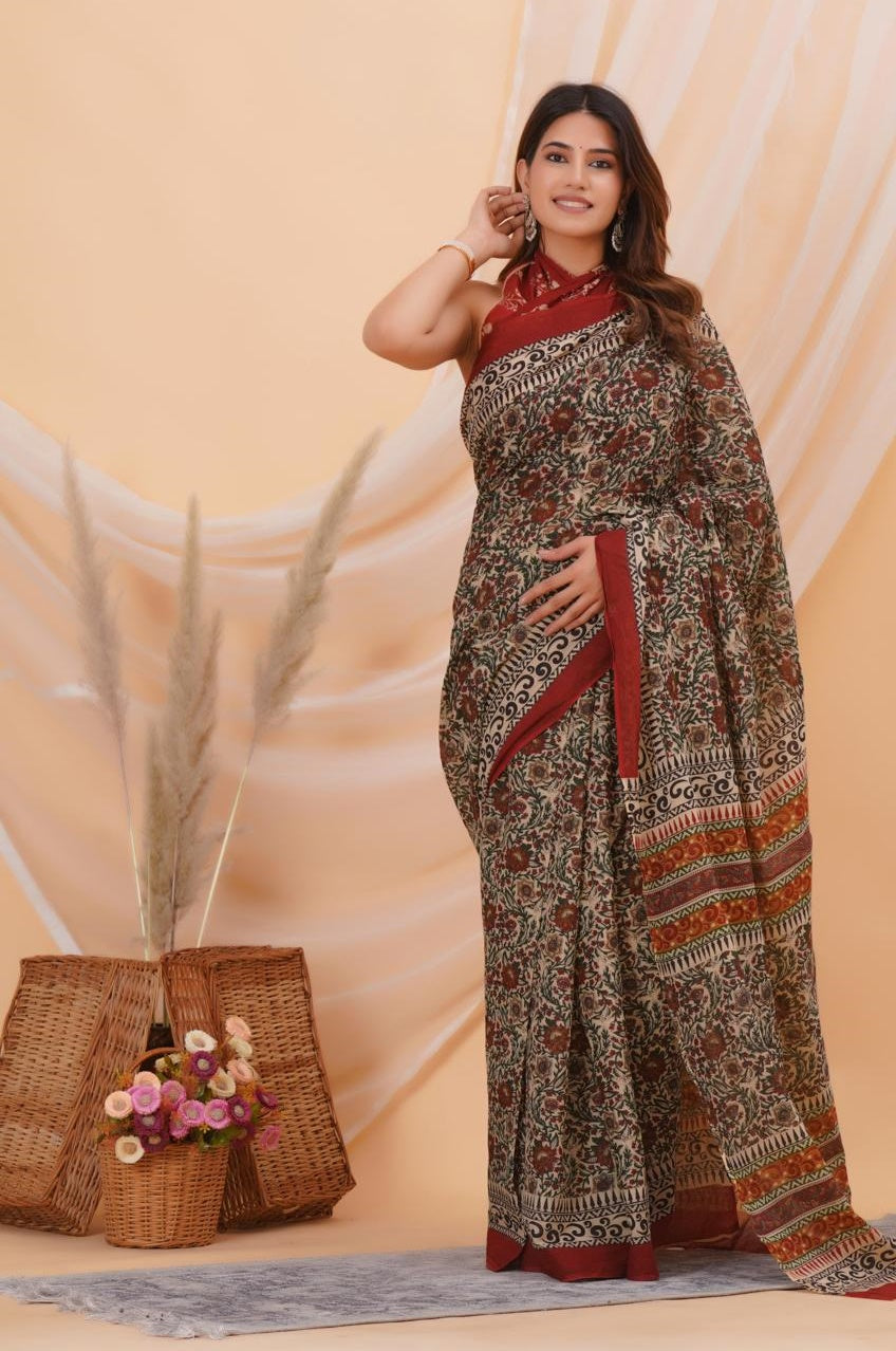Mulmul Cotton with Hand Block Print Ready to Wear Saree