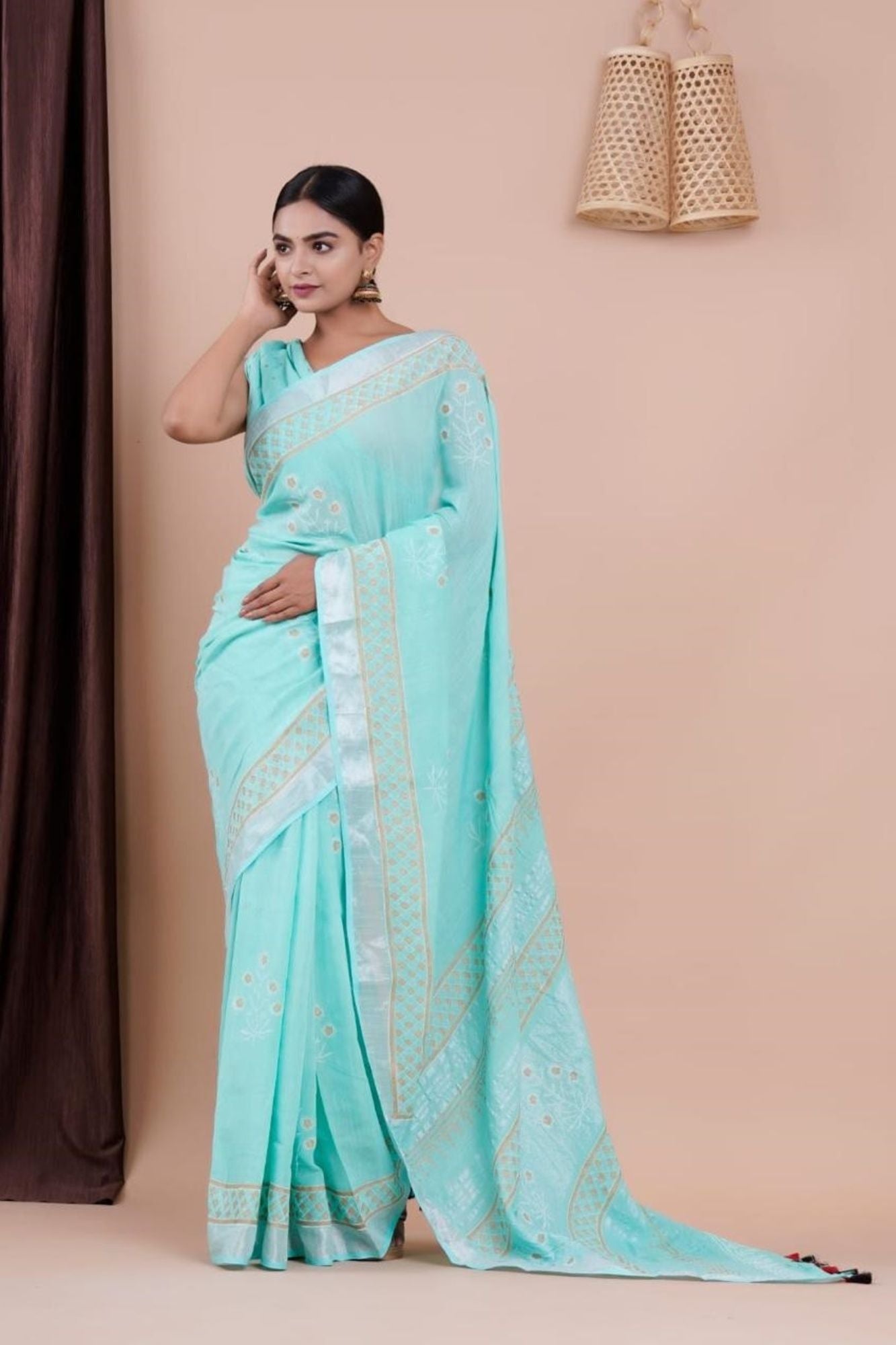 Linen Cotton with Beautiful Hand Block Print Ready to wear Saree