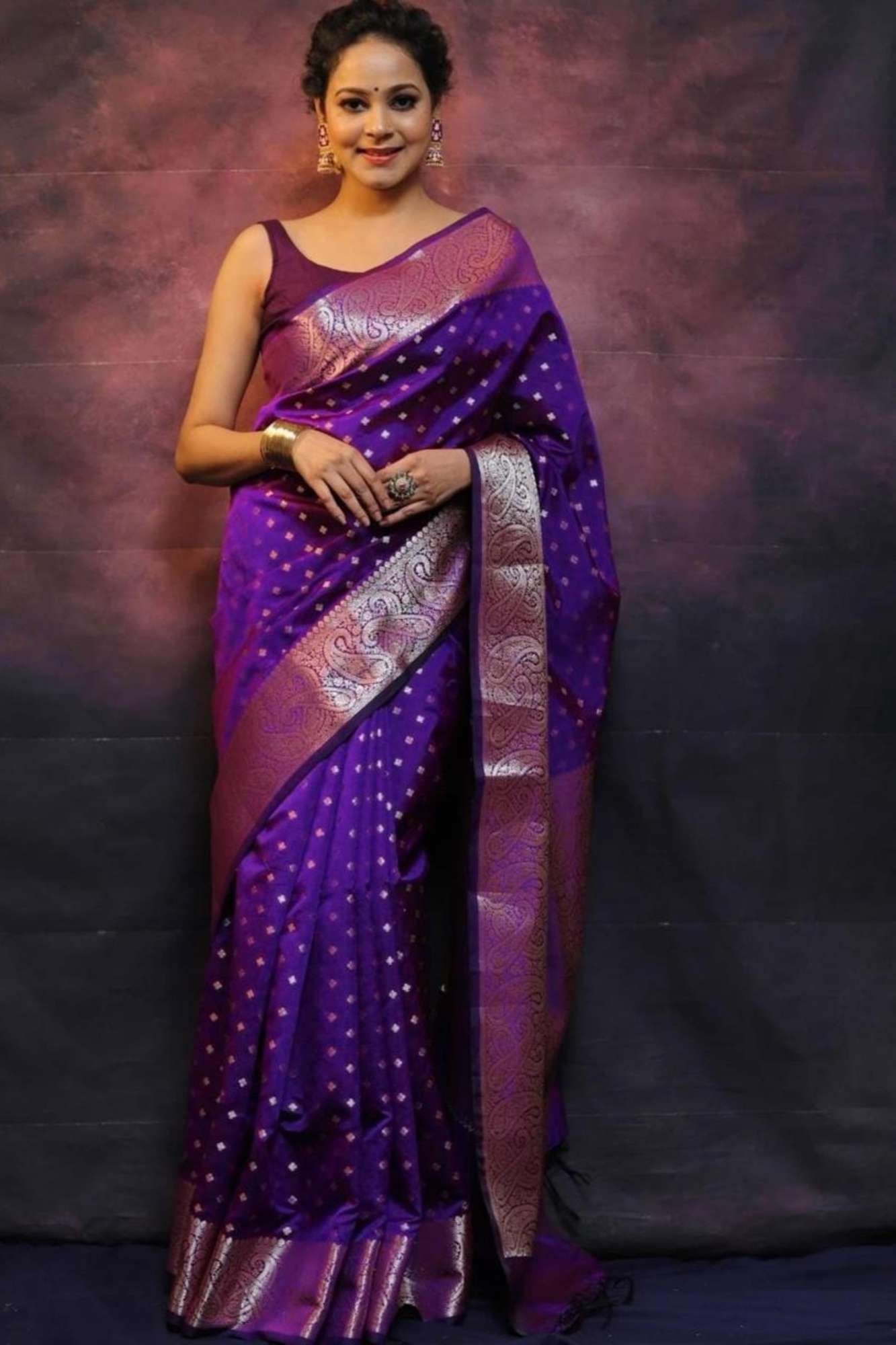 Gorgeous Purple Banarasi Soft Tissue Silk with Allover Zari Weaving , Paisley or Floral motifs & Weaving Pallu Wrap in 1 minute Saree