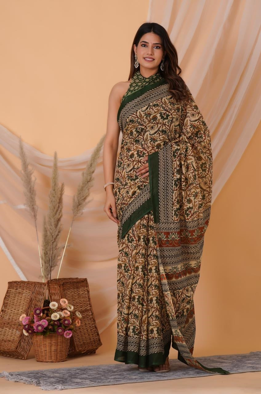 Mulmul Cotton Handblock Printed Vegetable Dye Ready to wear Saree