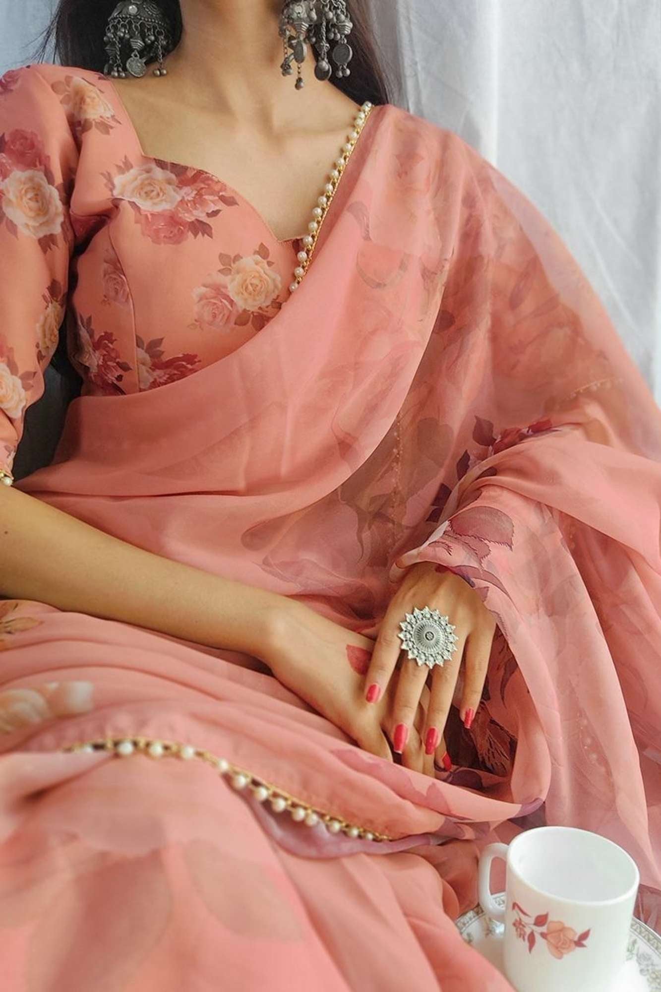 Pink Georgette Floral Printed with Pearl Lace Border Ready To Wear Saree