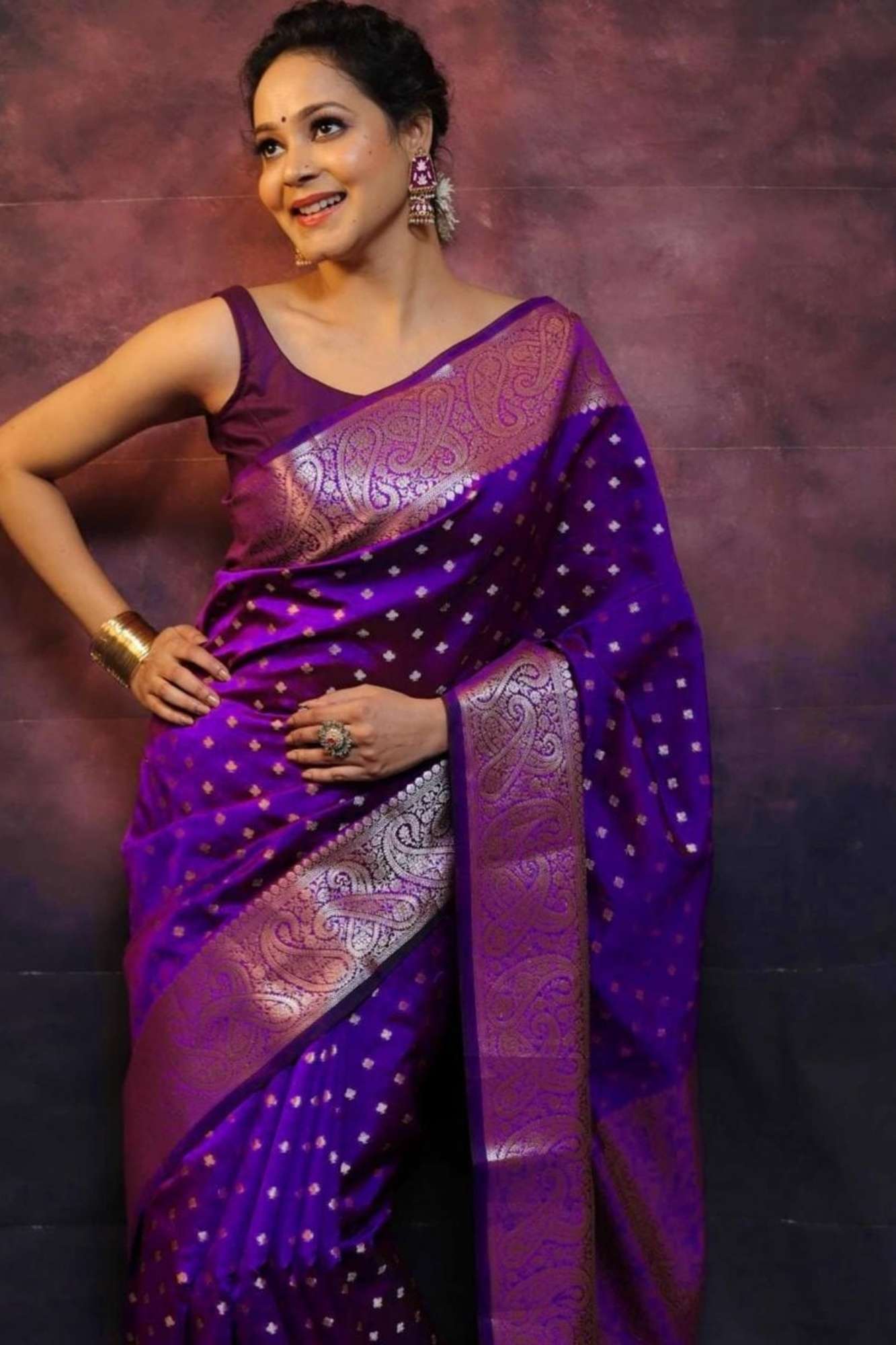 Gorgeous Purple Banarasi Soft Tissue Silk with Allover Zari Weaving , Paisley or Floral motifs & Weaving Pallu Wrap in 1 minute Saree
