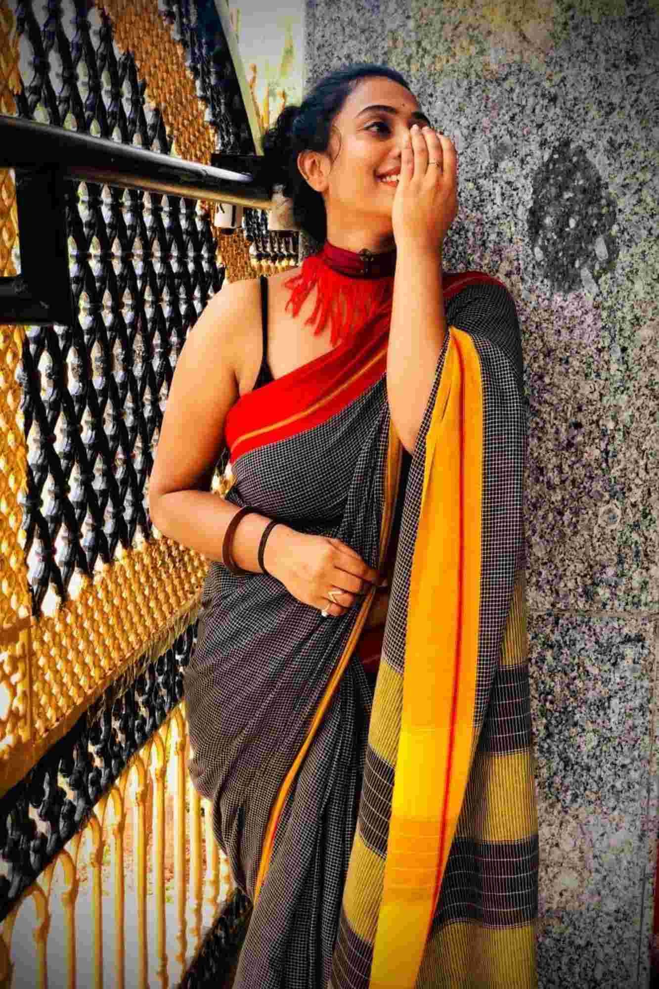 Boho chic look - Summery cotton checks ready to wear saree
