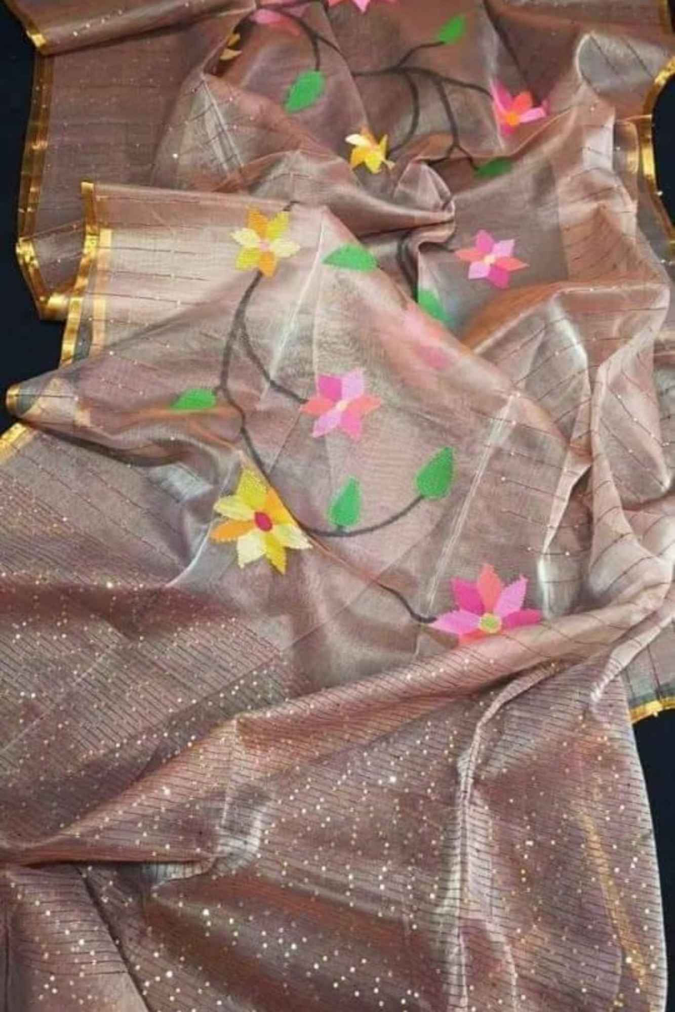 Elegant Pure Resham Silk Jamdani Handloom with Hand Woven , floral motifs & Golden Border Wrap in 1 minute Saree