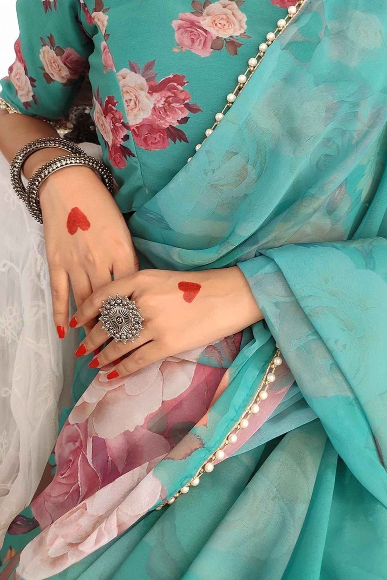 Green Georgette Floral Printed with Pearl Lace Border