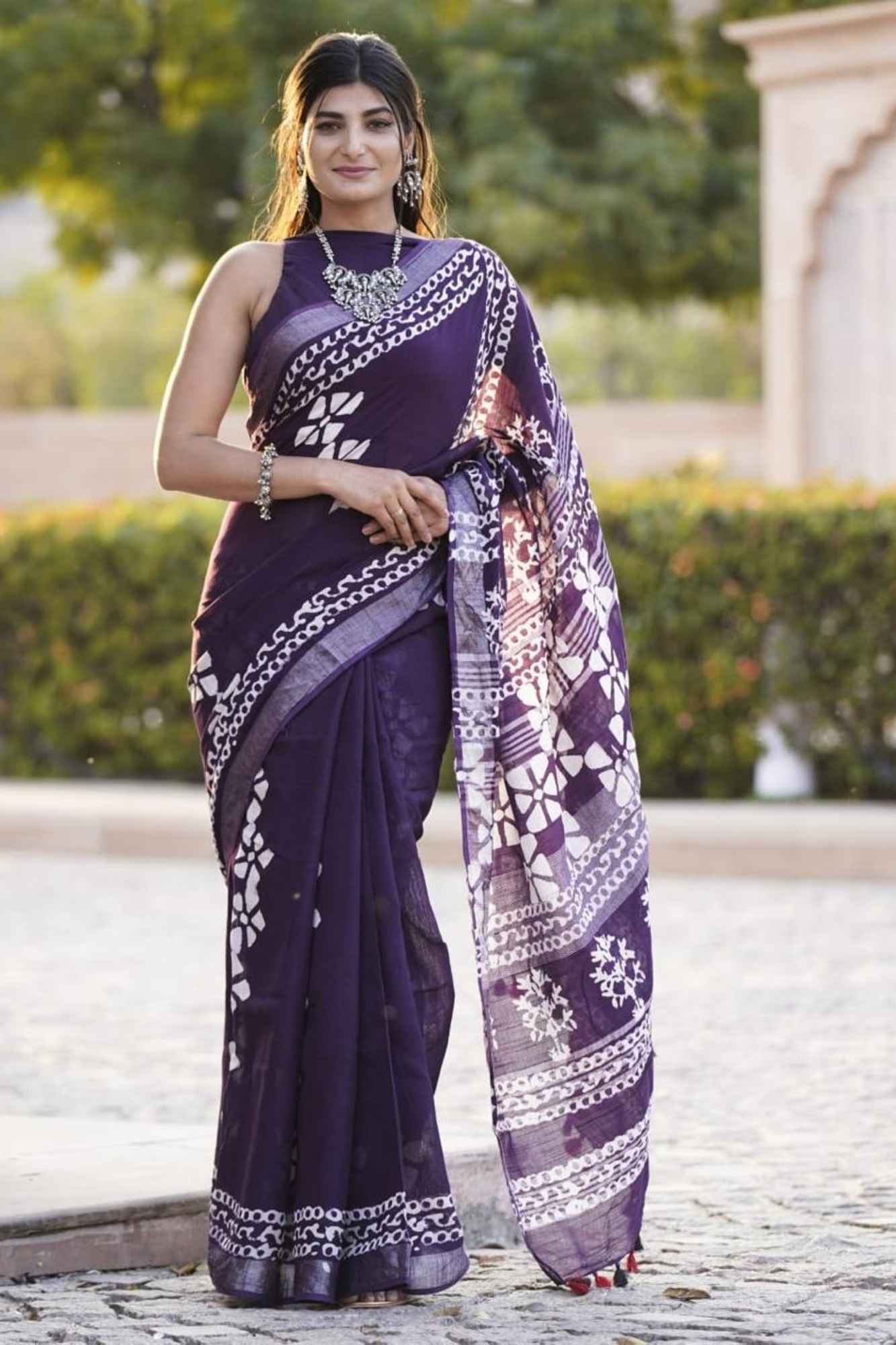 Traditional Jaipuri Print Linen Cotton Ready to wear Saree