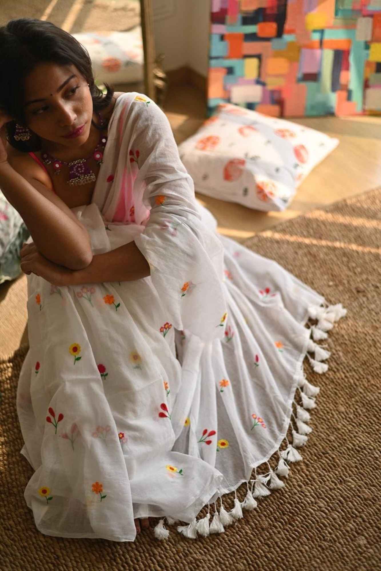 Mulmul Cotton with Embroidery Ready to wear Saree