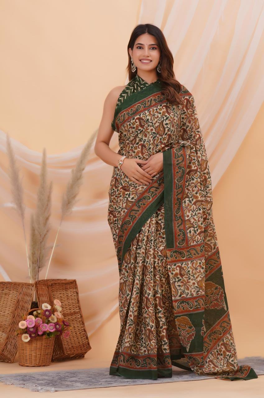 Mulmul Cotton Kalamkari Block Printed With Contrast Border Ready to Wear Saree
