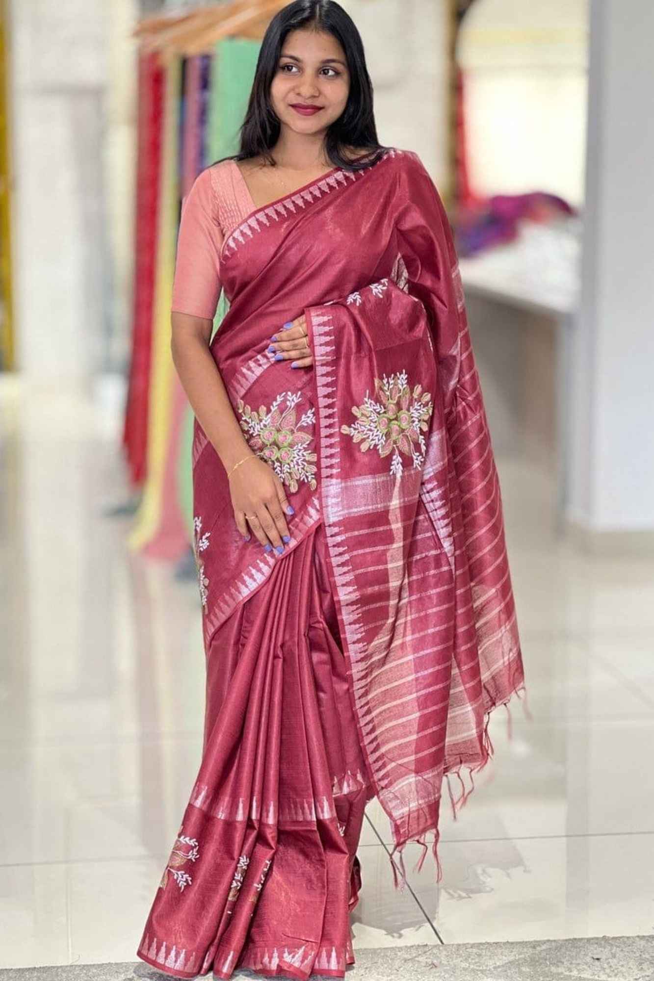 Kota Silk Staple Hand woven With Floral Embroidered Ready To Wear Saree